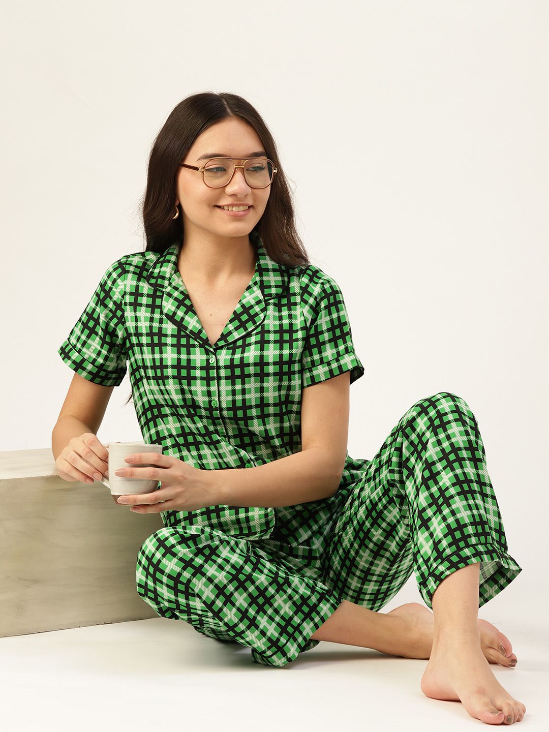 DressBerry Women Green & Black Checked Pyjamas Set Price in India