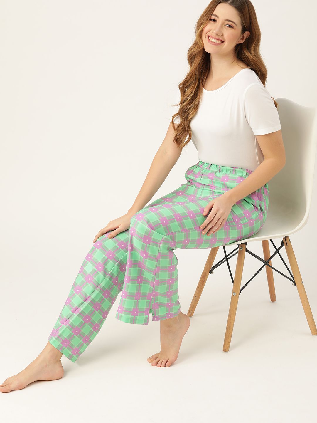 DressBerry Woman Green & Pink Checked Lounge Pants Price in India