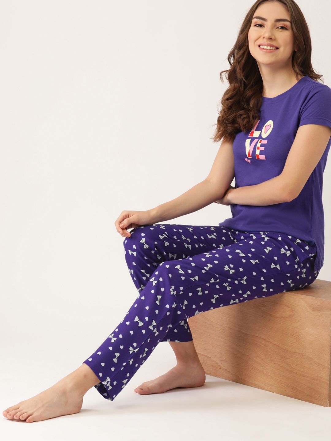 DressBerry Women Purple & White Printed Pyjama Set Price in India