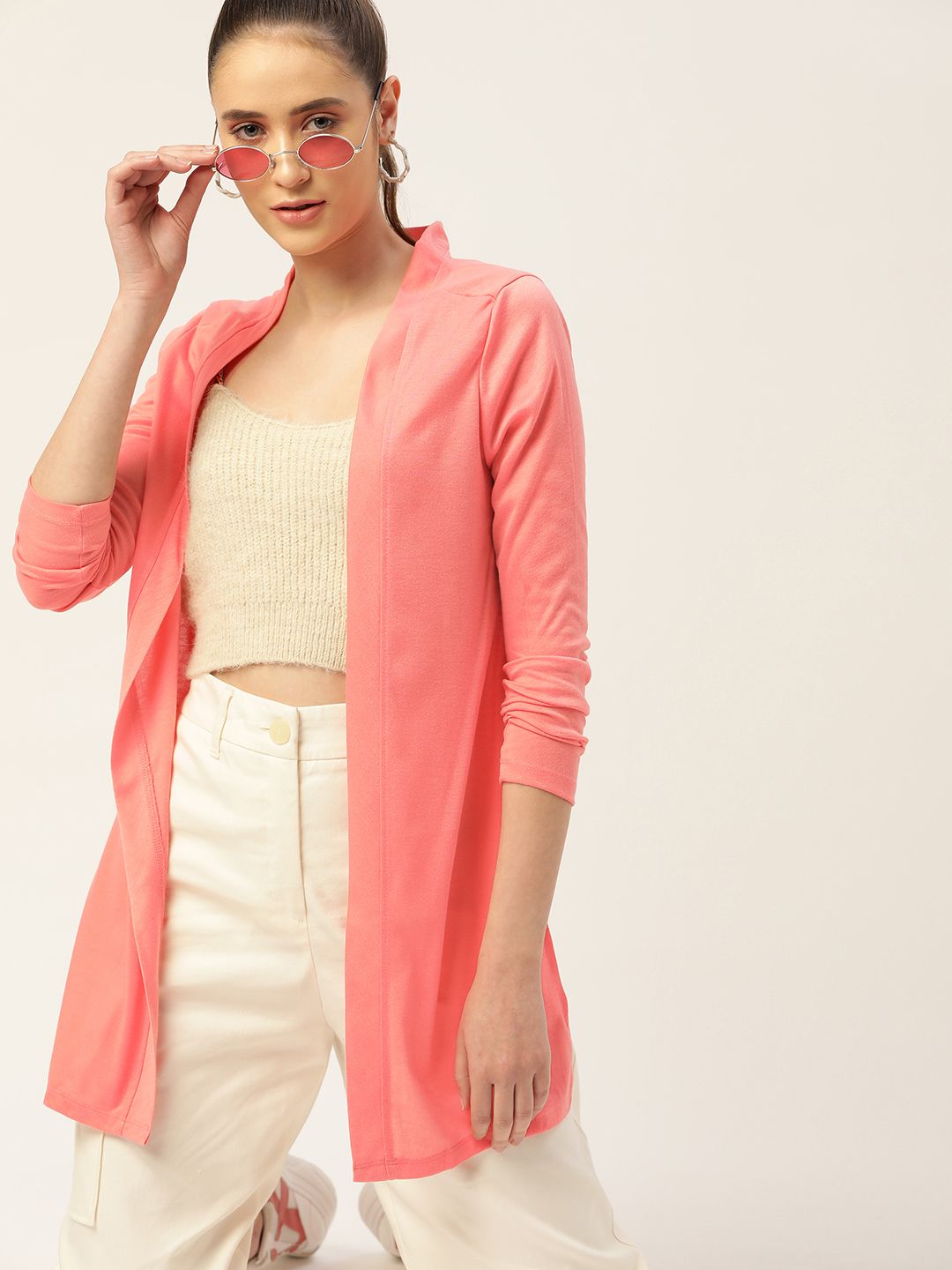DressBerry Women Pink Solid Longline Knit Shrug Price in India