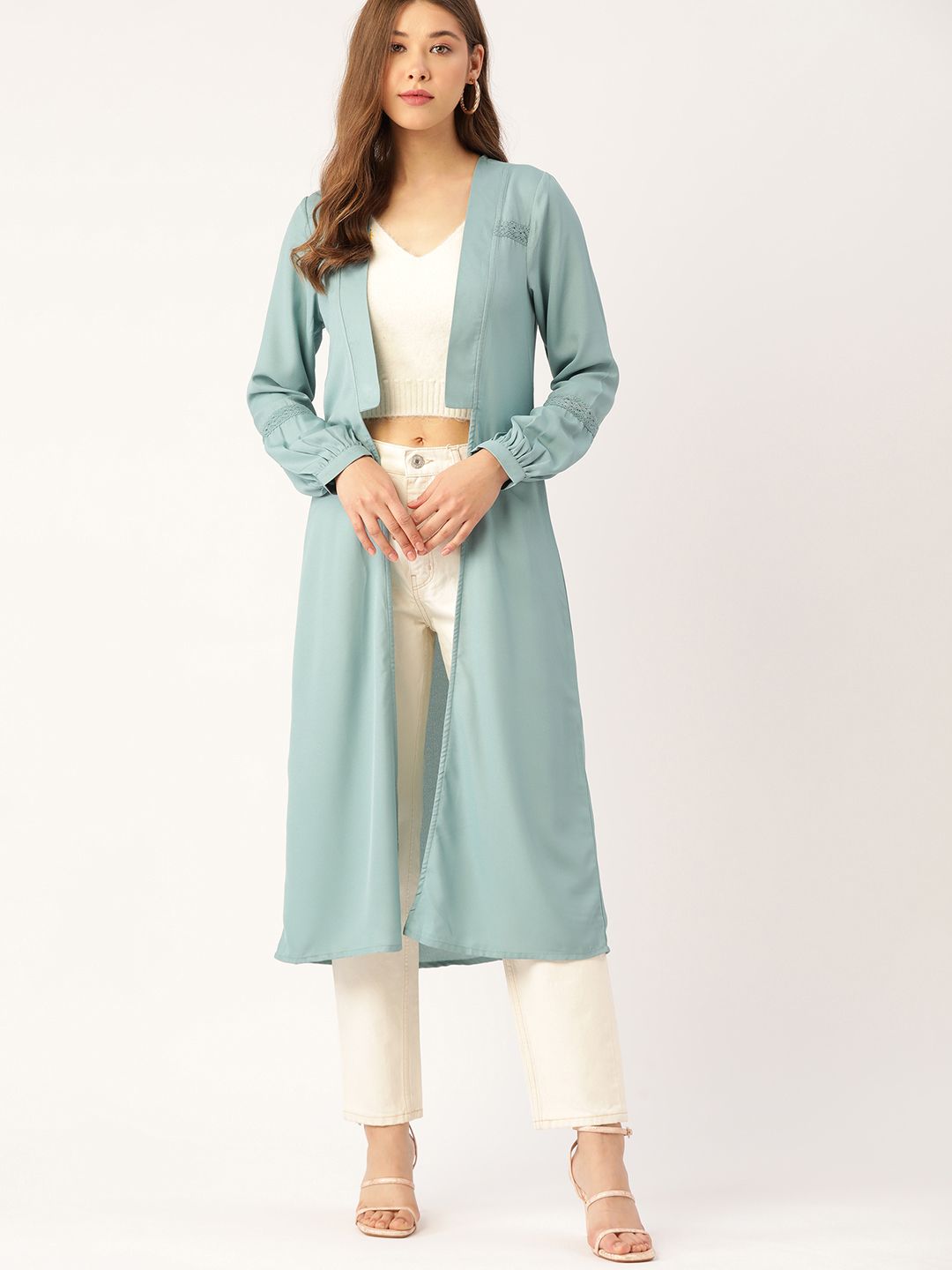 DressBerry Women Sea Green Solid Longline Shrug Price in India