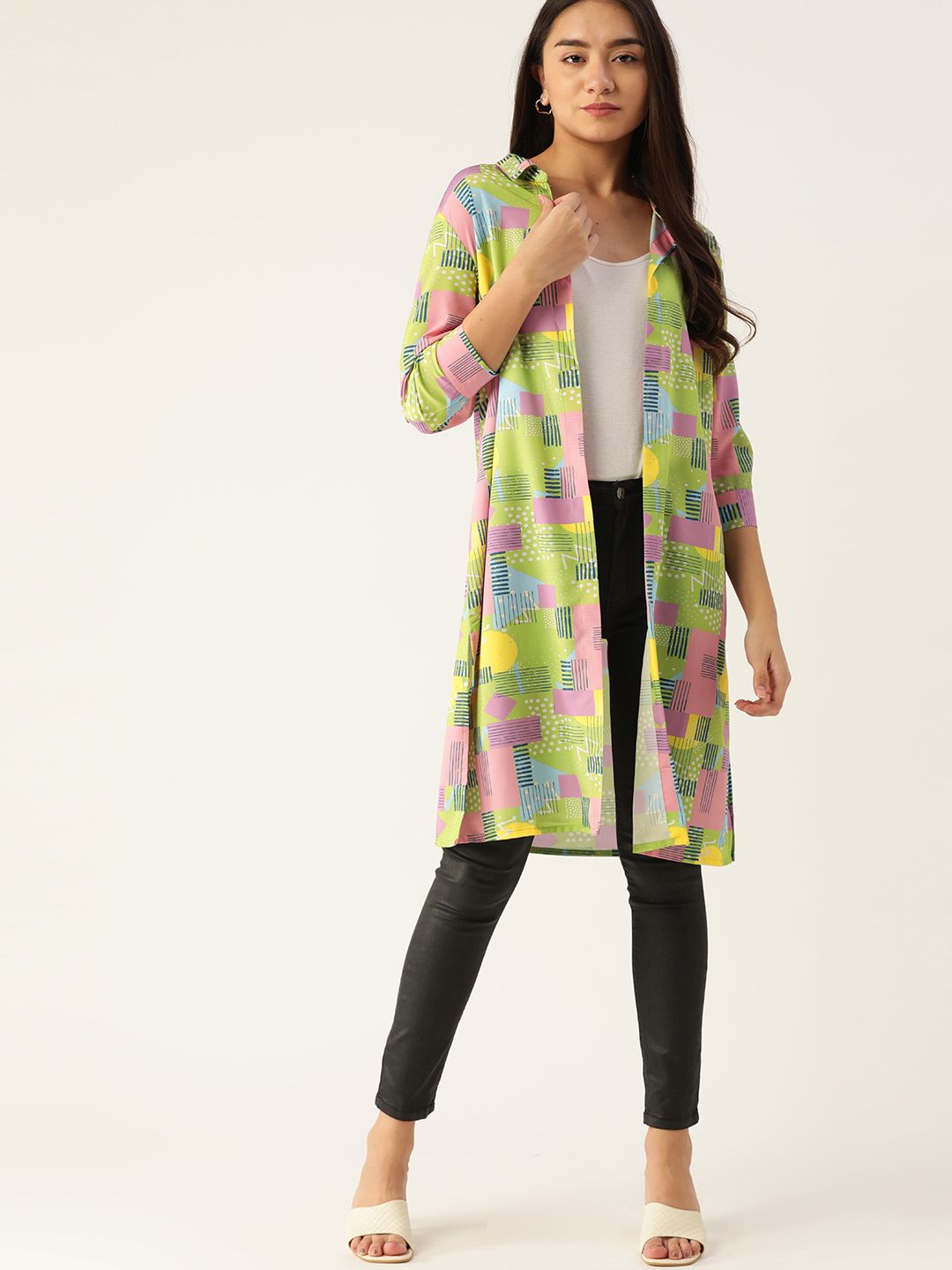 DressBerry Women Green & Pink Printed Longline Shrug Price in India