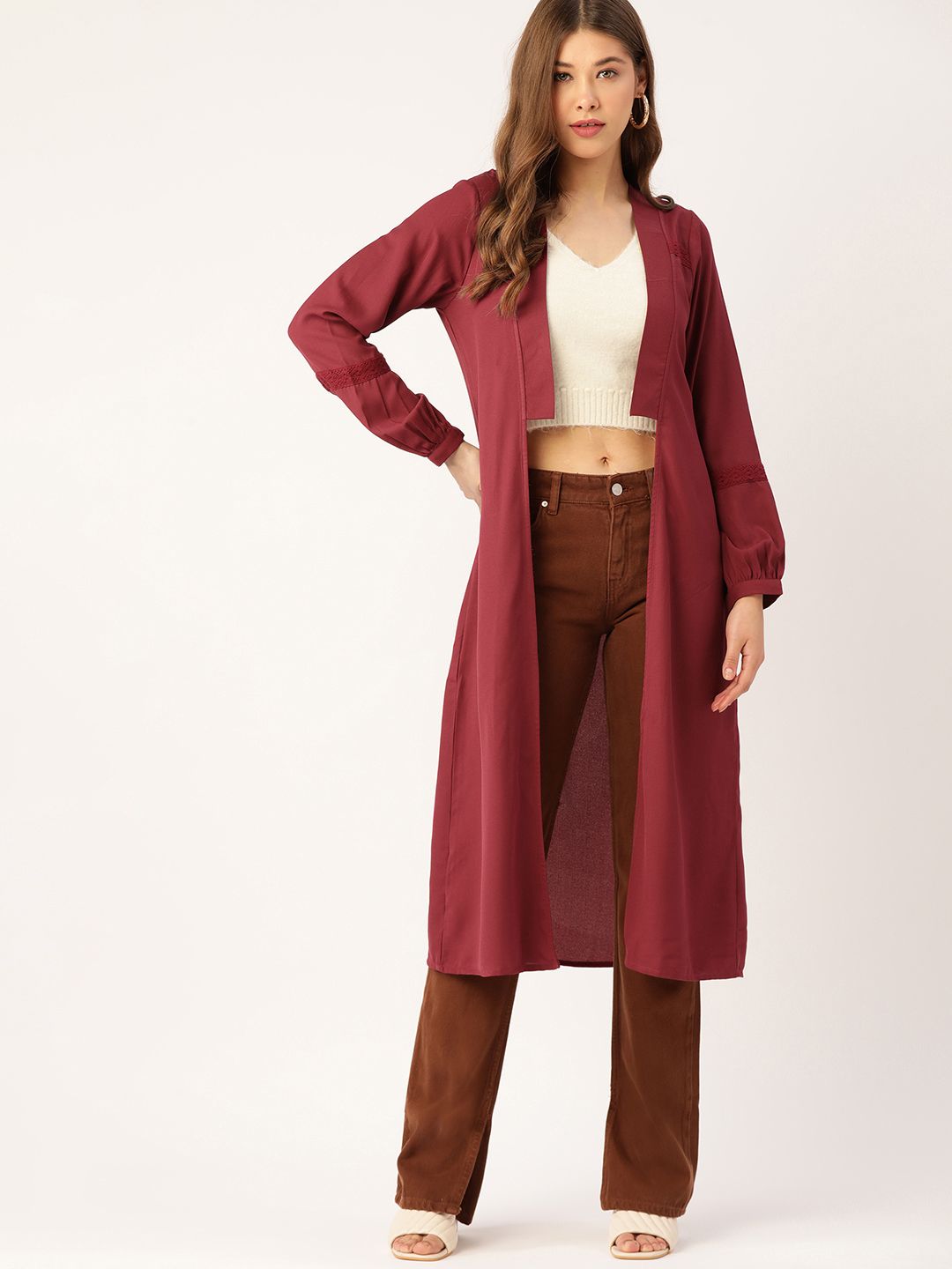 DressBerry Women Maroon Solid Longline Shrug Price in India