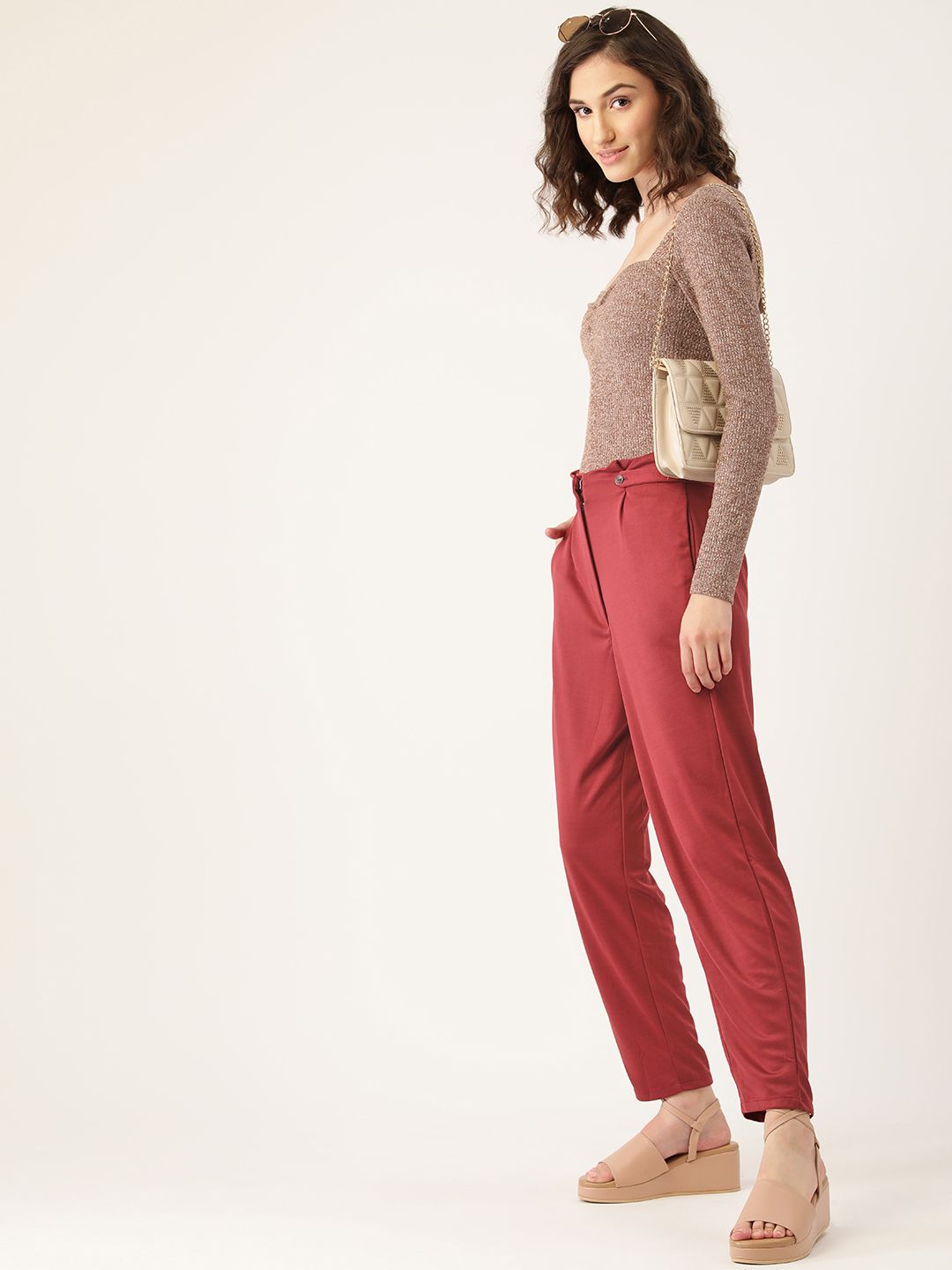 DressBerry Women Maroon Solid Button Detail Regular Trousers Price in India