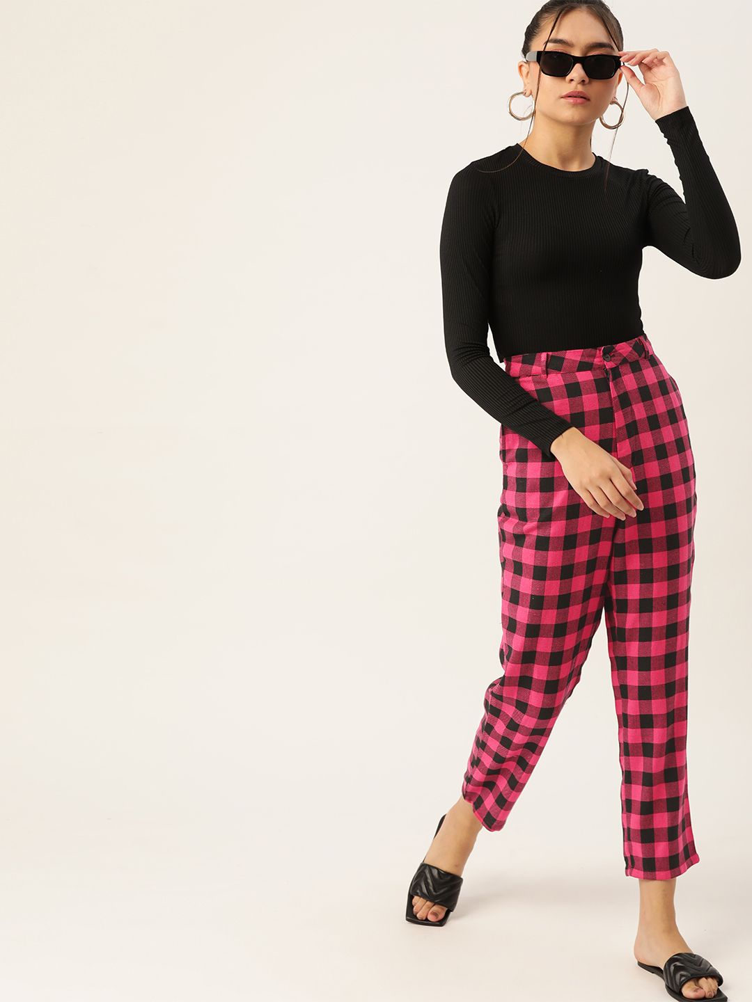 DressBerry Women Pink & Black Pure Cotton Checked High-Rise Cropped Trousers Price in India