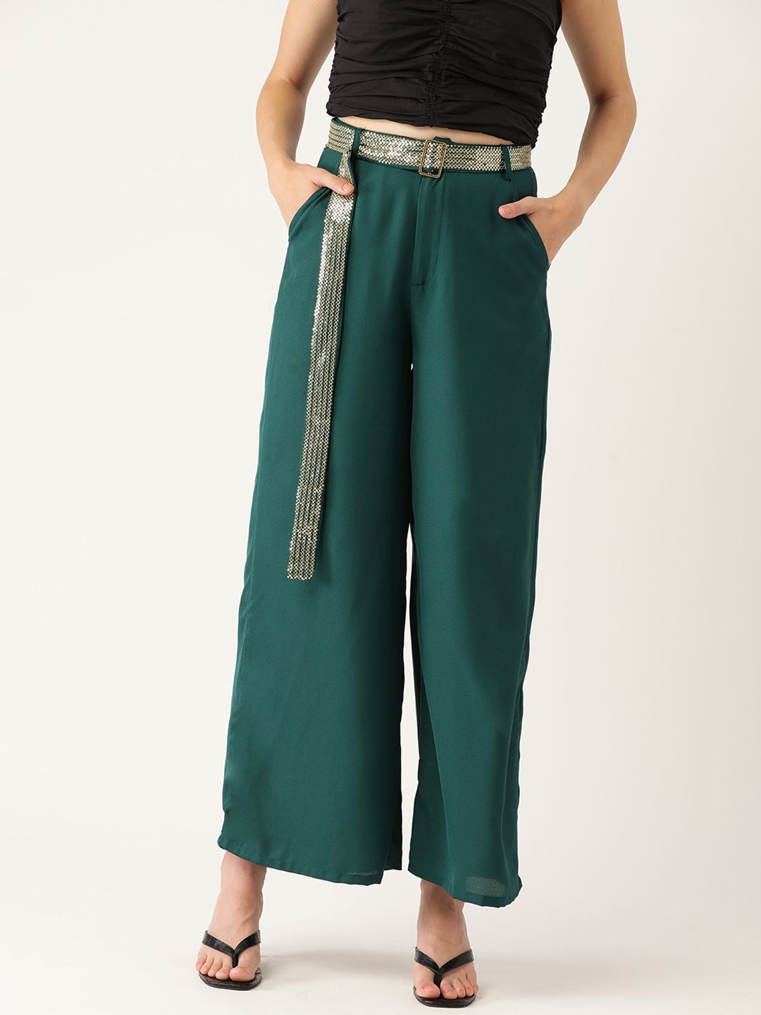 DressBerry Women Green Solid Parallel Trousers with Belt Price in India