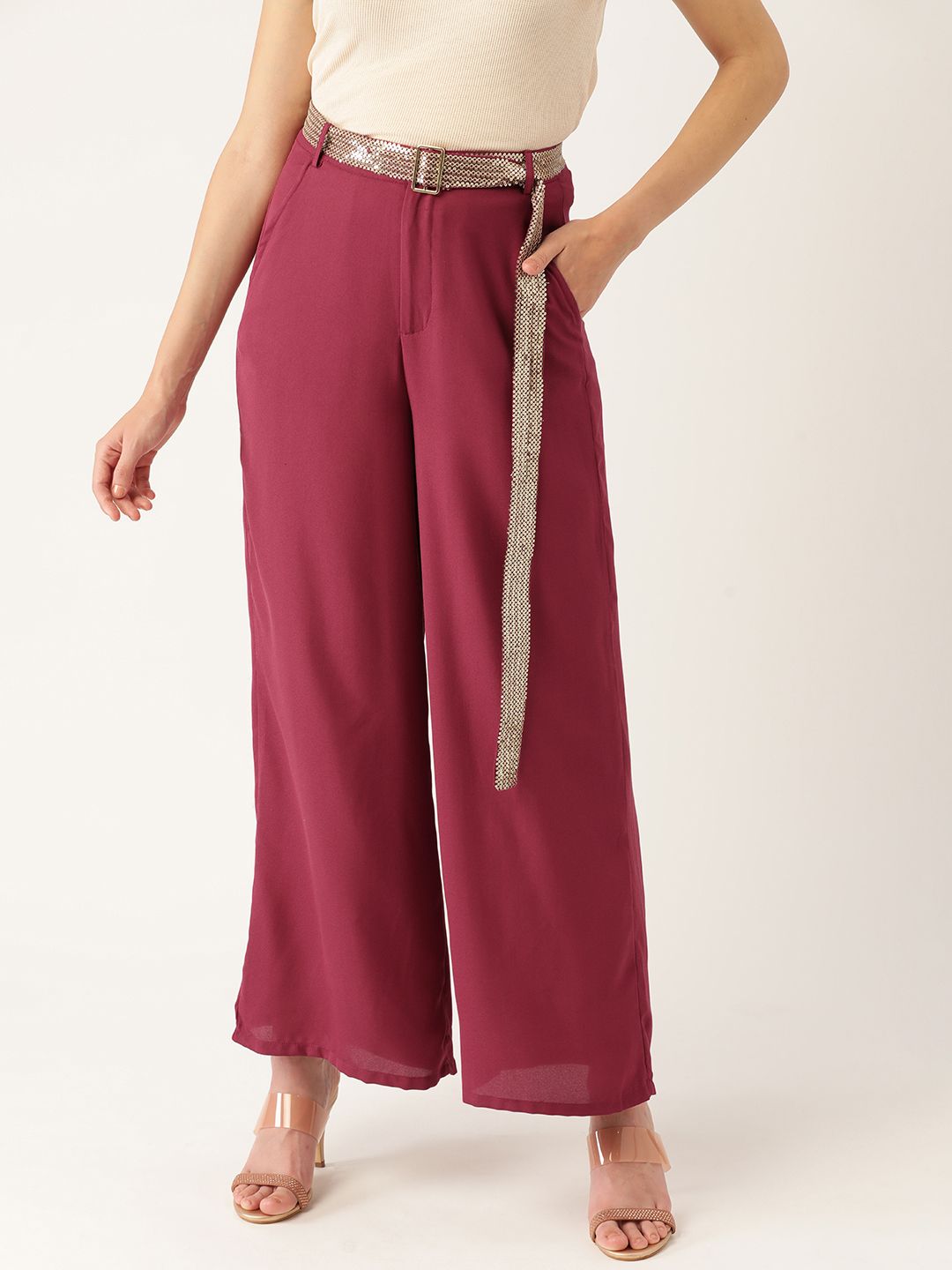 DressBerry Women Maroon Solid Parallel Trousers with Belt Price in India