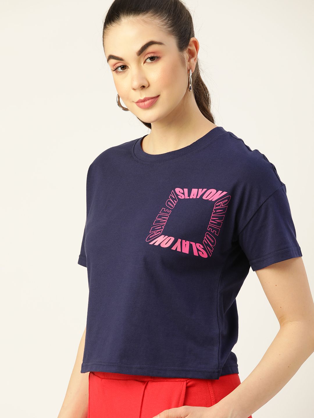 DressBerry Women Navy Blue & Pink Pure Cotton Printed Drop-Shoulder Sleeves T-shirt Price in India