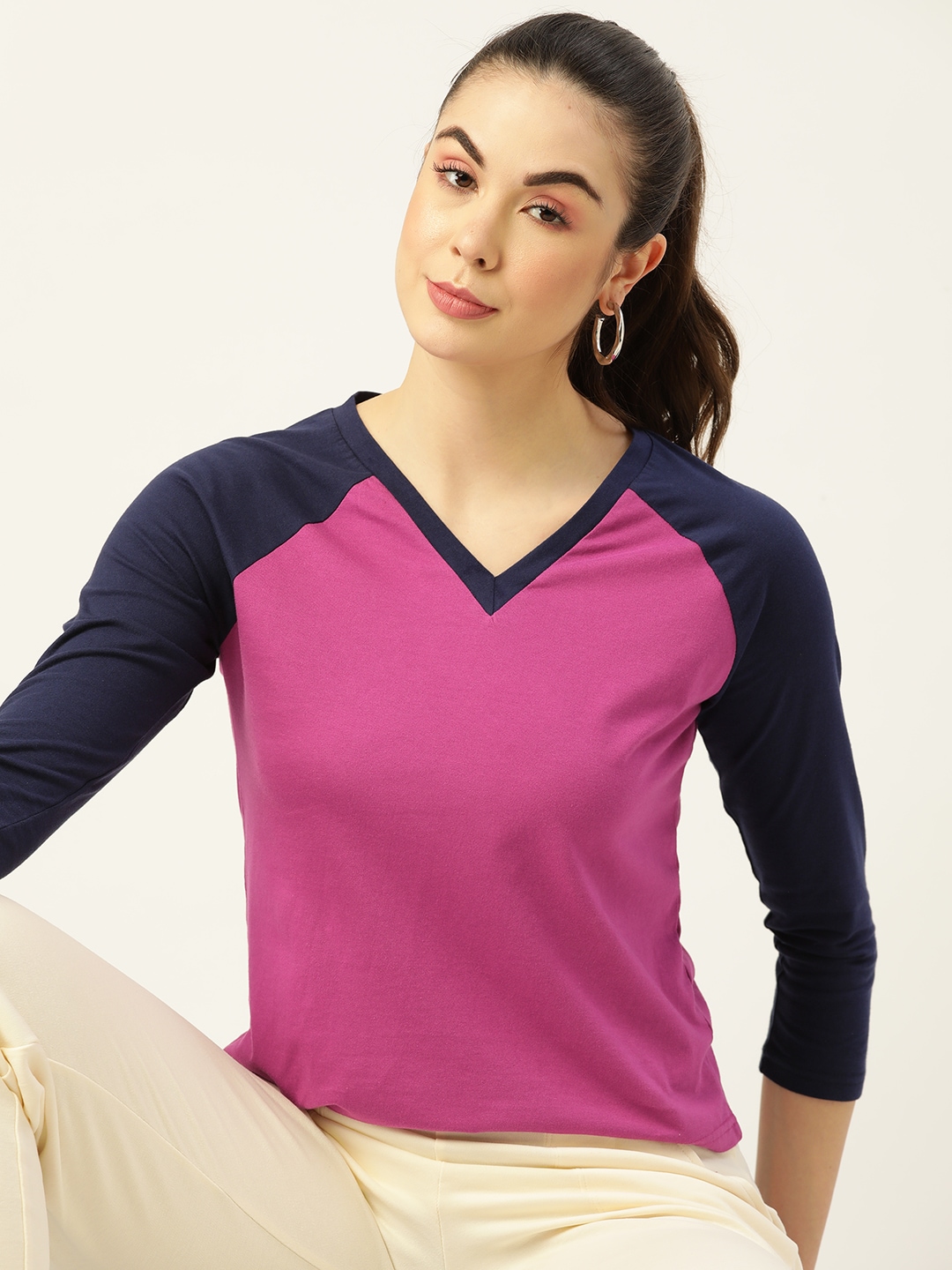 DressBerry Women Purple & Navy Blue Pure Cotton V-Neck T-shirt Price in India
