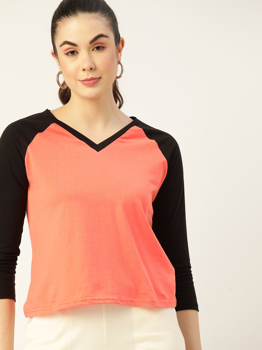 DressBerry Women Coral Pink & Black Pure Cotton Raglan Sleeves V-Neck T-shirt Price in India