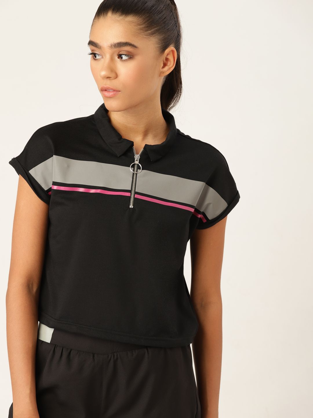 DressBerry Women Black & Grey Pure Cotton Striped Polo Collar T-shirt Price in India