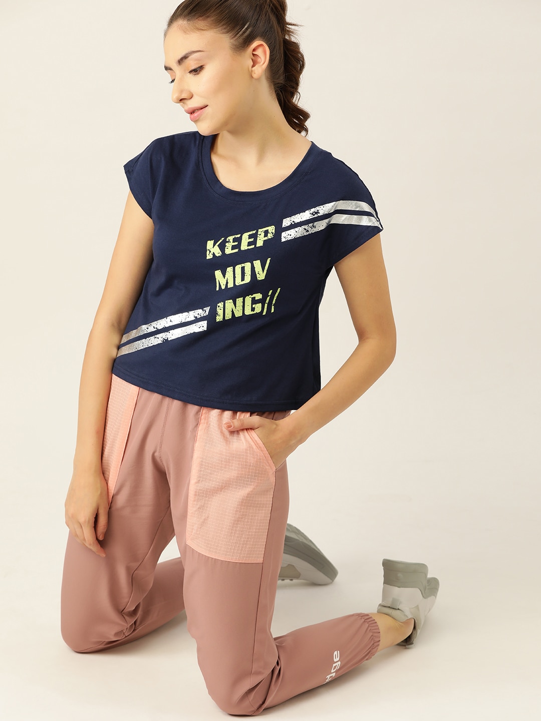 DressBerry Women Navy Blue & Yellow Typography Printed Pure Cotton T-shirt Price in India