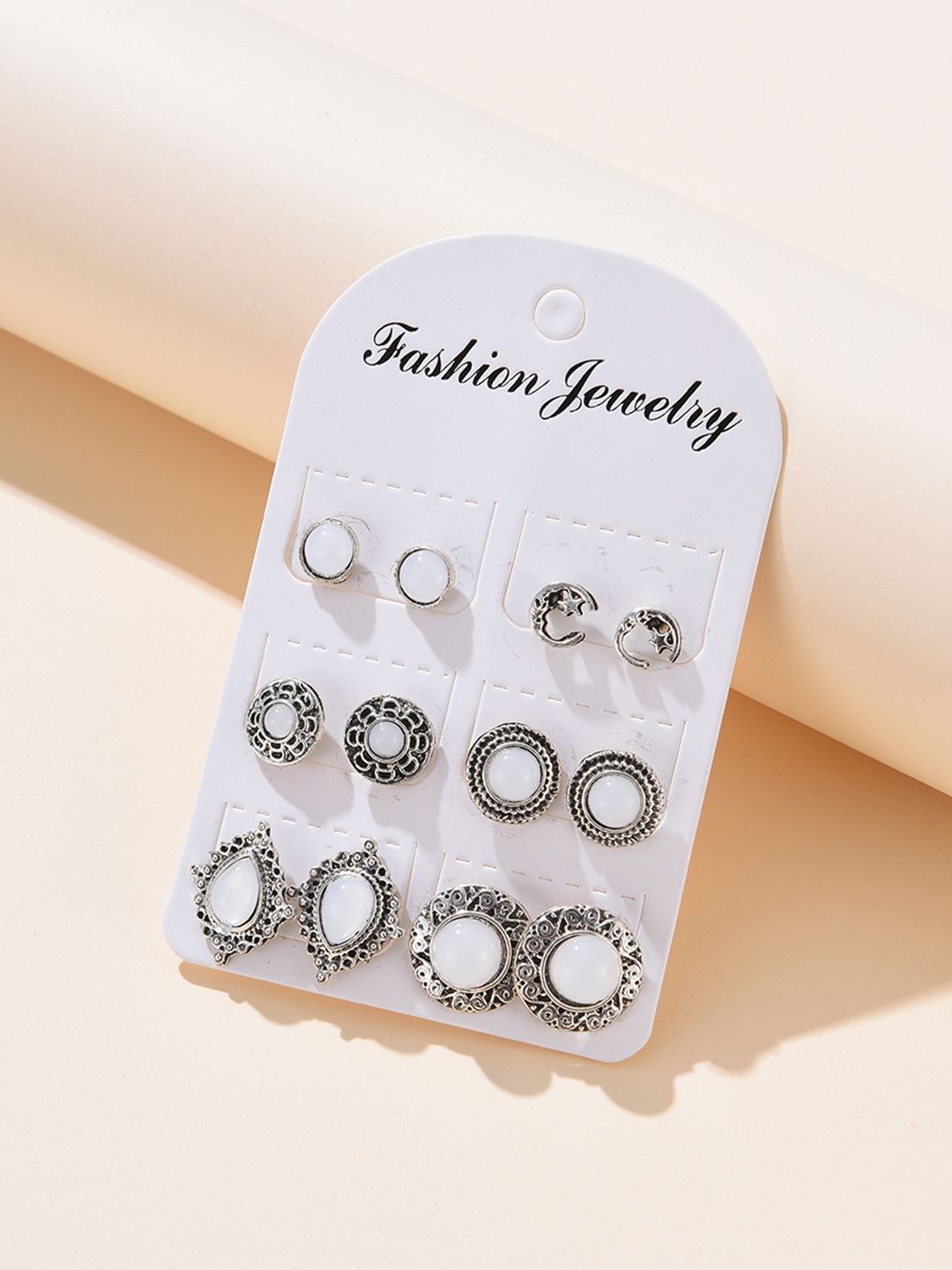 URBANIC Set of 6 Off-White & Oxidised Silver-Toned Stone-Studded Studs Price in India
