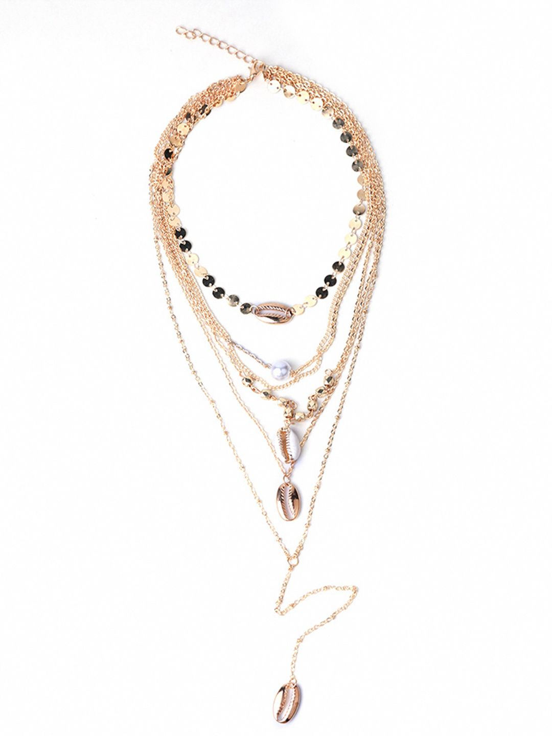 URBANIC Gold-Toned & Off-White Beaded Layered Necklace with Cowry Shell Detail Price in India