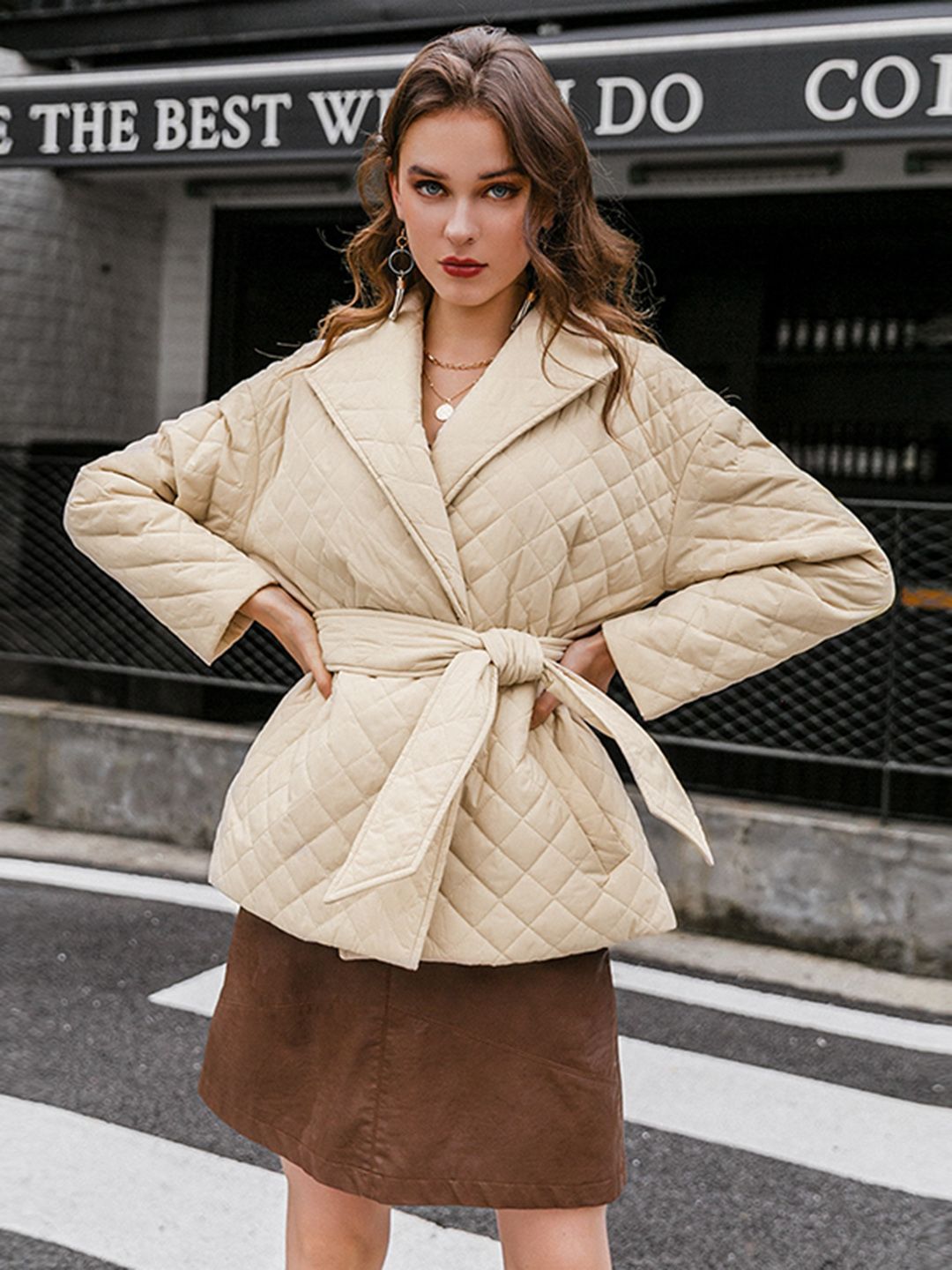URBANIC Women Cream-Coloured Front-Open Quilted Jacket with Belt Price in India