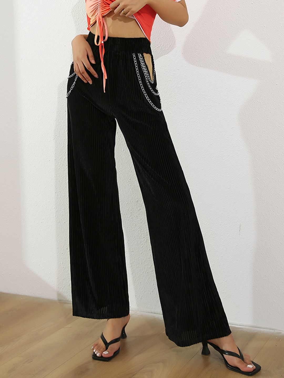 URBANIC Women Black Ribbed Relaxed Fit Chain Wide Leg Parallel Trousers Price in India