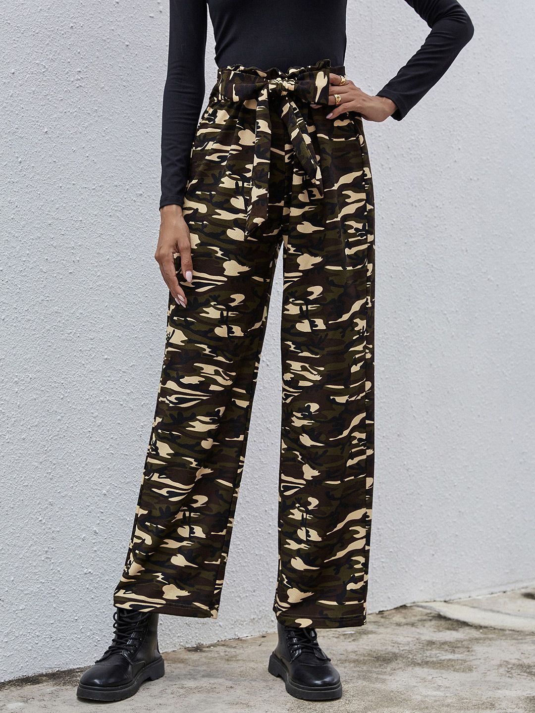 URBANIC Women Olive Green & Beige Camouflage Print Relaxed Fit Wide Leg Trousers Price in India