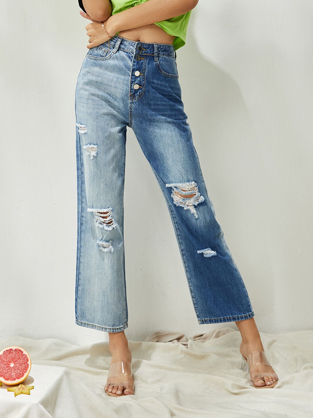 URBANIC Women Blue Relaxed Fit Highly Distressed Light Fade Jeans Price in India