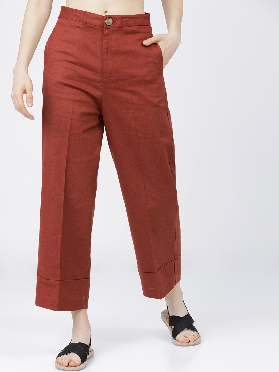 Tokyo Talkies Women Rust Straight Fit High-Rise Trousers Price in India