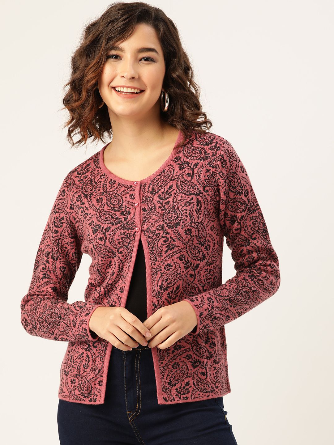 Madame Women Pink & Black Ethnic Motifs Printed Cardigan Price in India