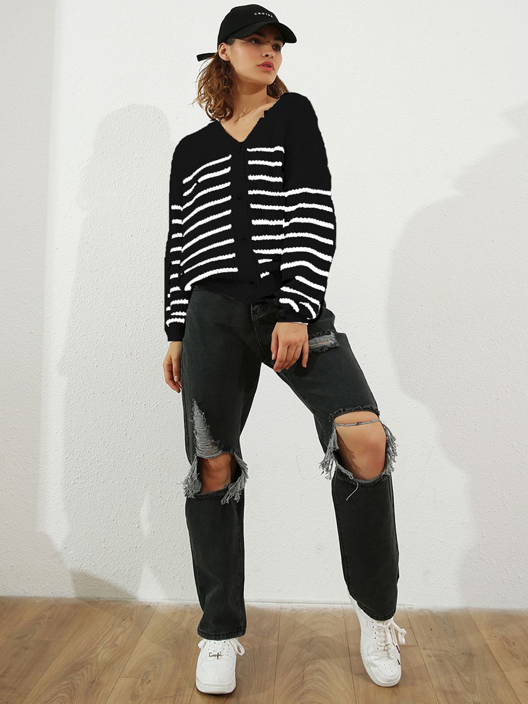 URBANIC Women Black & White Striped Cardigan Price in India