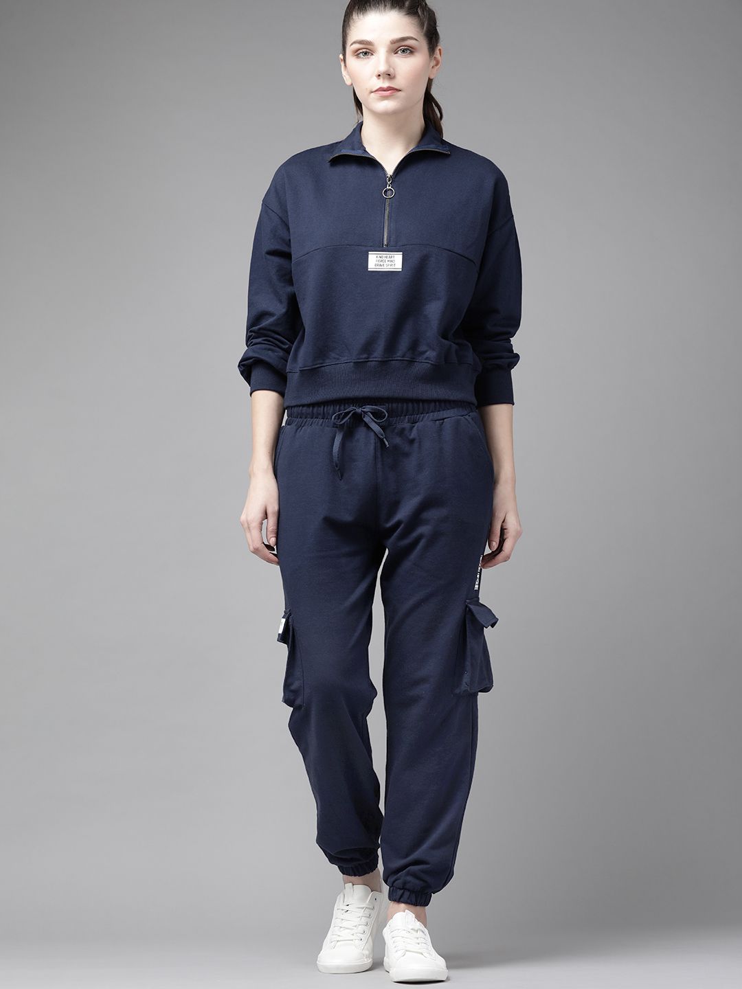 Roadster Women Navy Blue Solid Half-Zipper Sweatshirt with Joggers