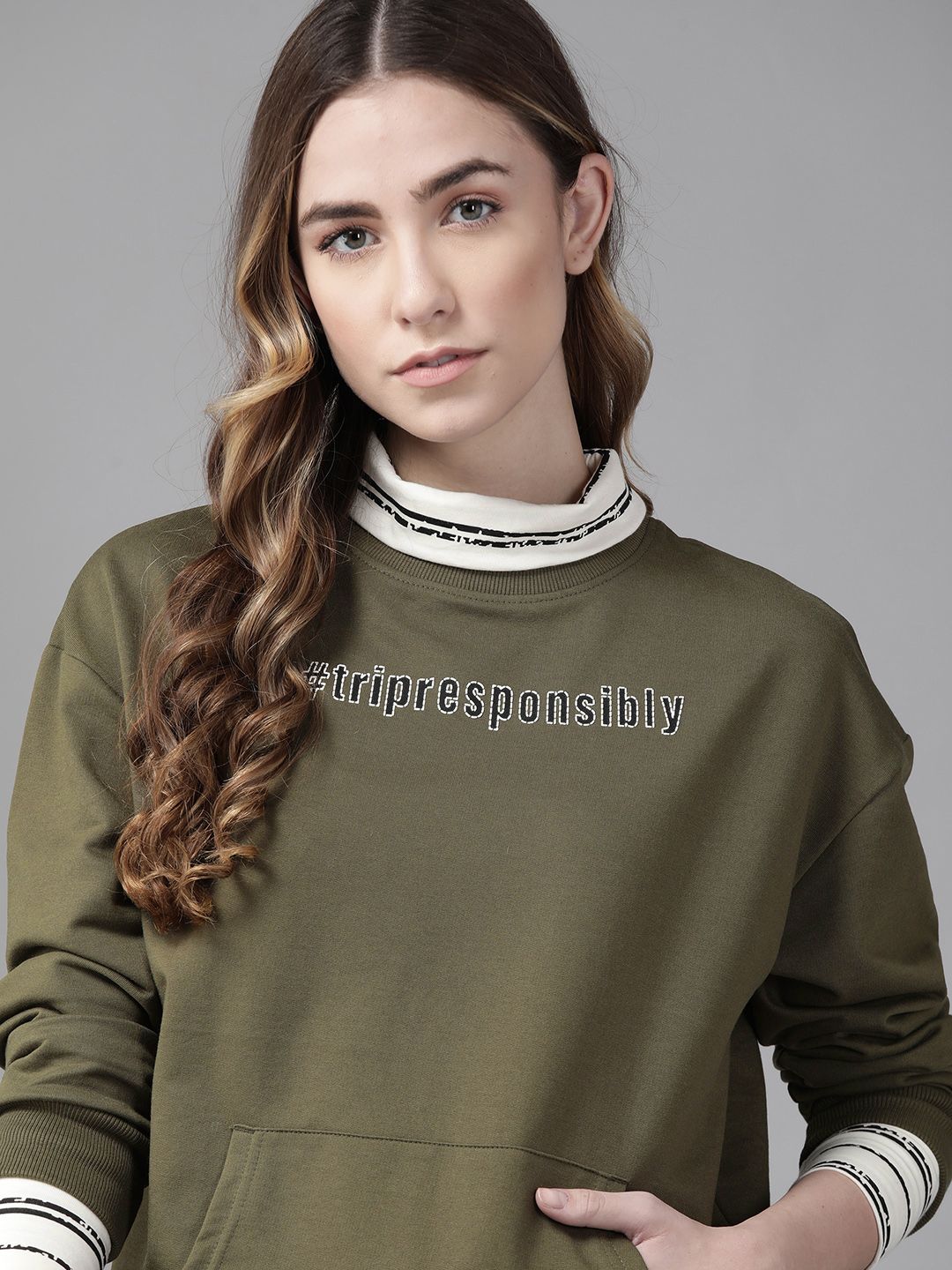 Roadster Women Olive Green Printed Sweatshirt Price in India