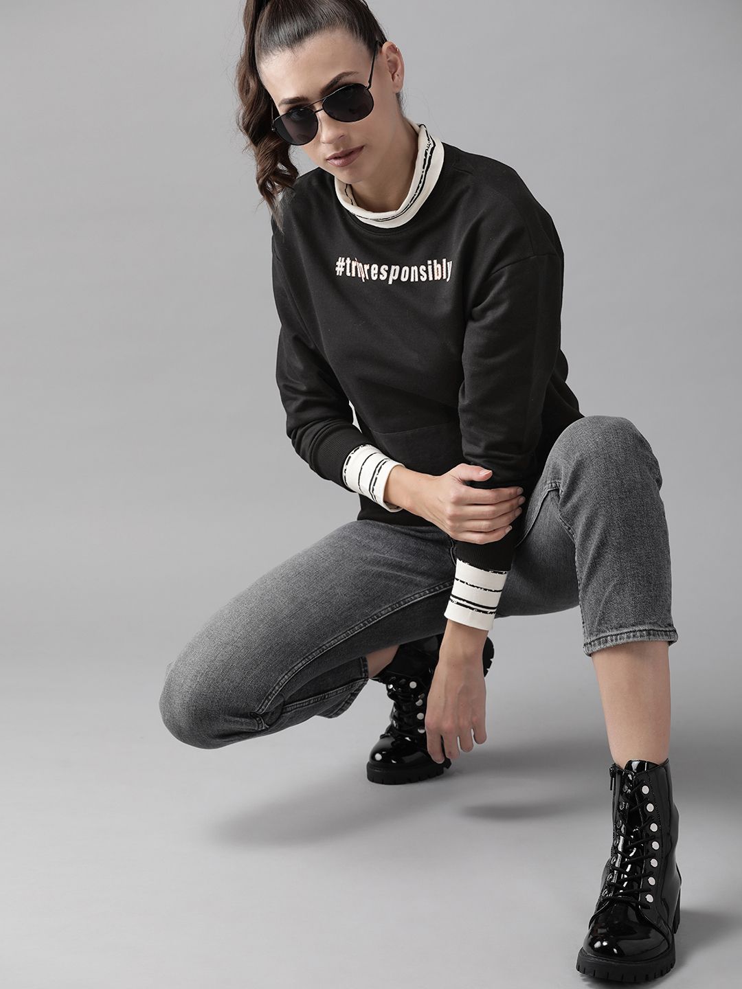 Roadster Women Black & White Typography Print Sweatshirt Price in India