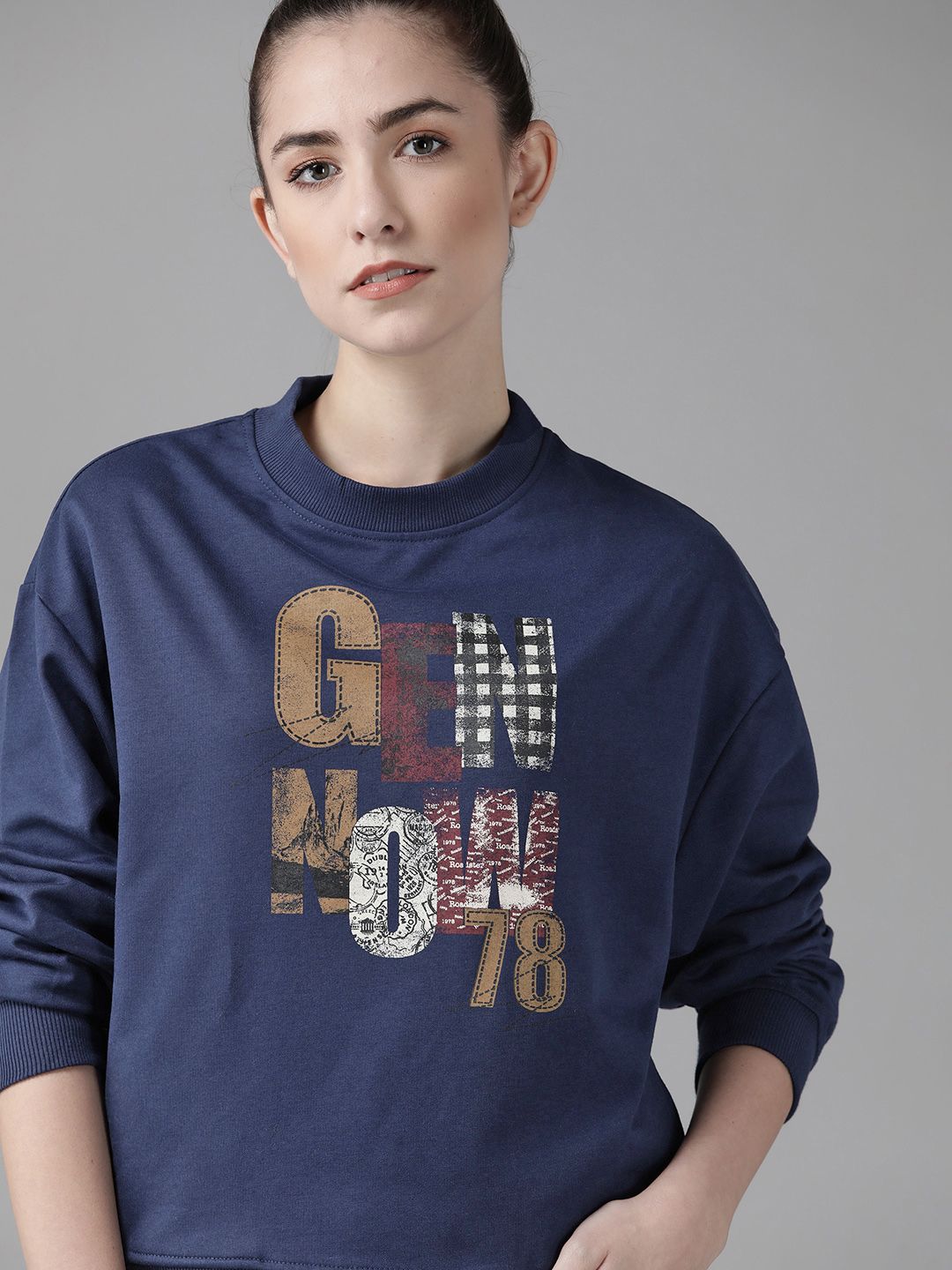 Roadster Women Navy Blue & Camel Brown Graphic Print Sweatshirt Price in India