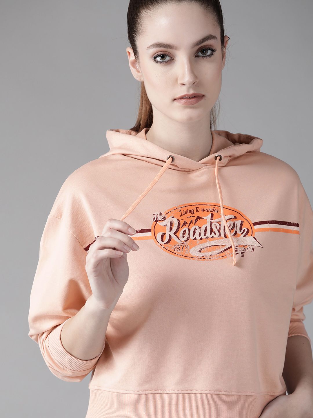Roadster Women Peach-Coloured & Orange Printed Hooded Sweatshirt Price in India