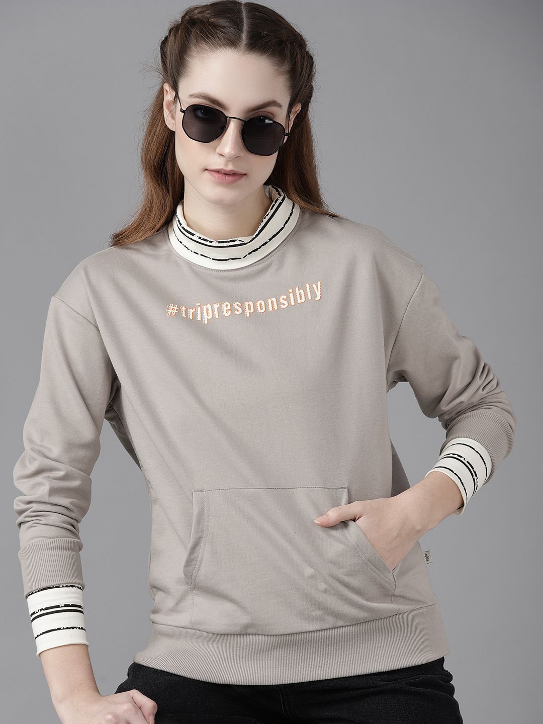 Roadster Women Taupe Solid Turtle Neck Sweatshirt with Typography Print Detail Price in India