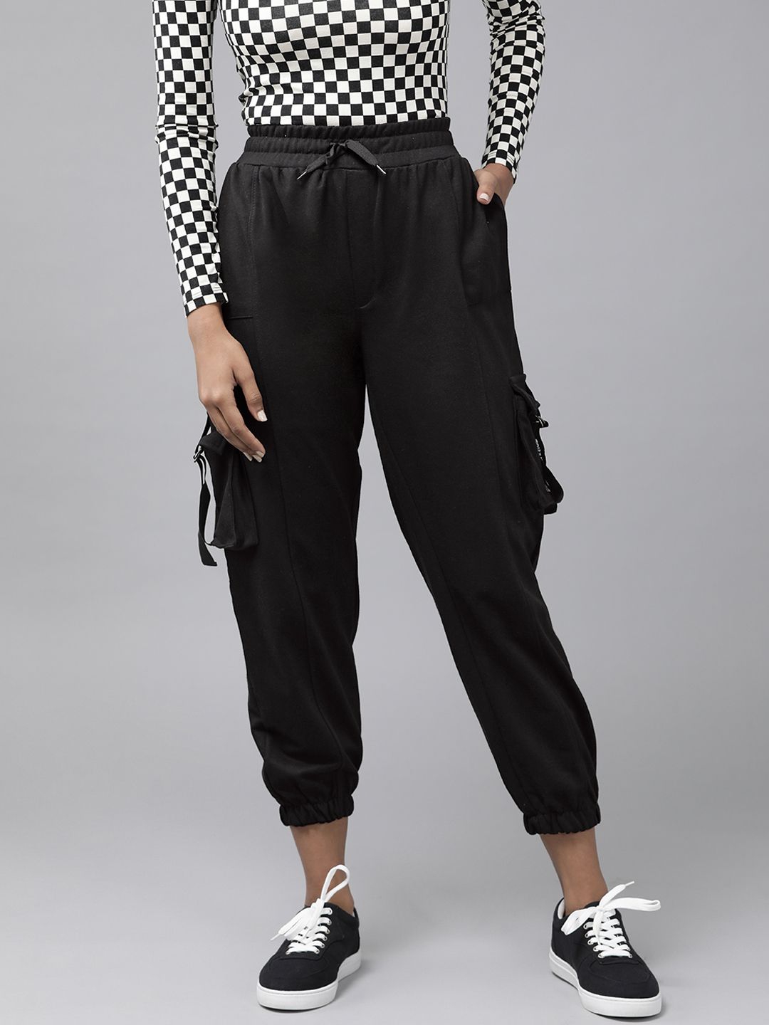 Roadster Women Black Pleated Cargos Trousers Price in India