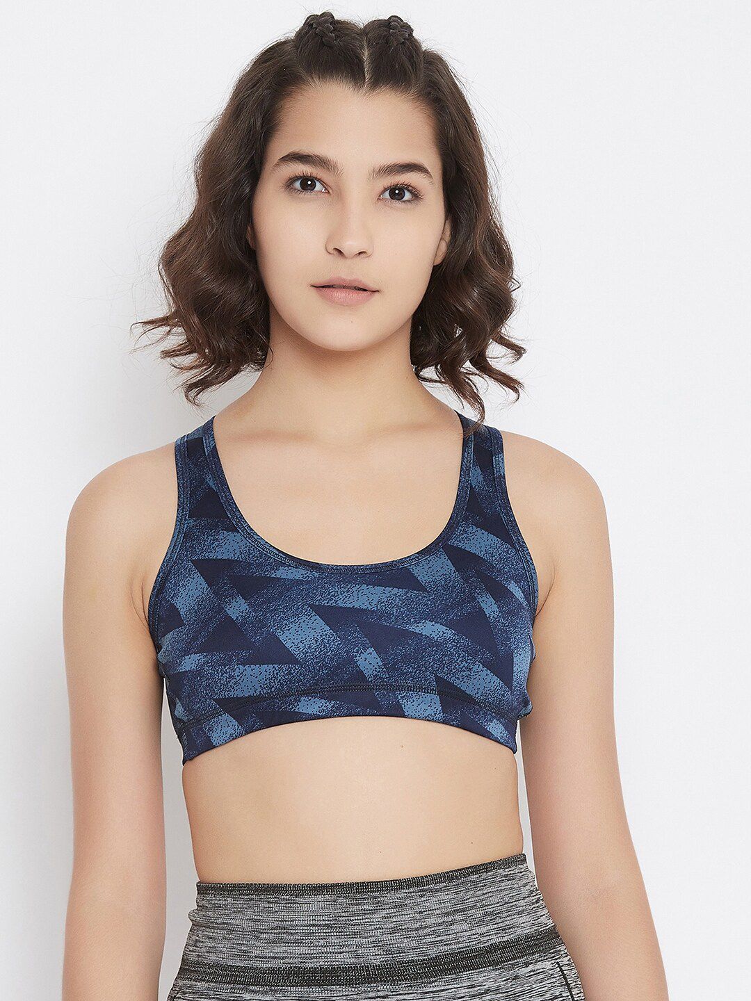 JUMP USA Navy Blue Printed Workout Bra - Non-Wired Non-Padded Price in India