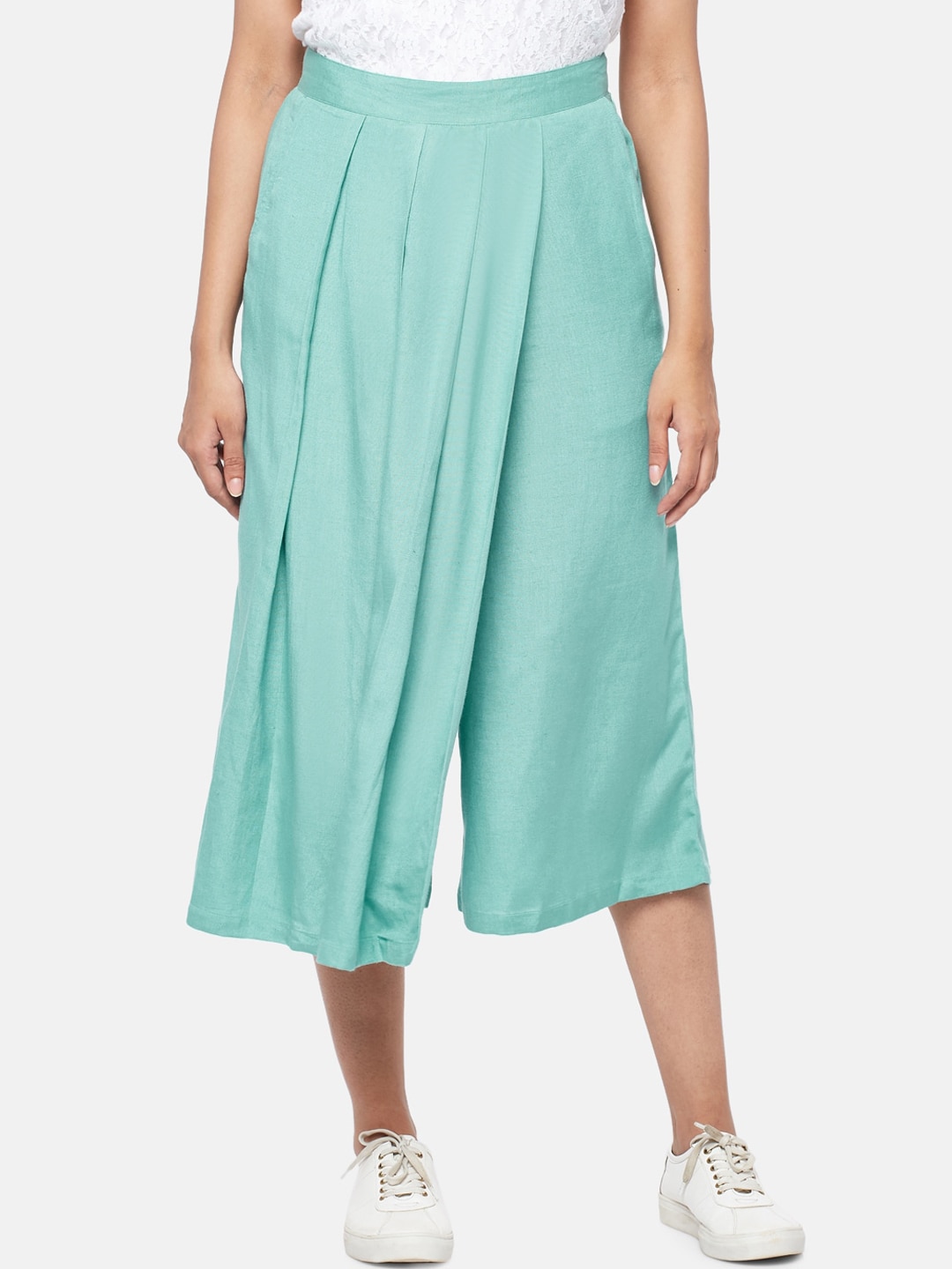 People Women Green Flared High-Rise Pleated Culottes Price in India