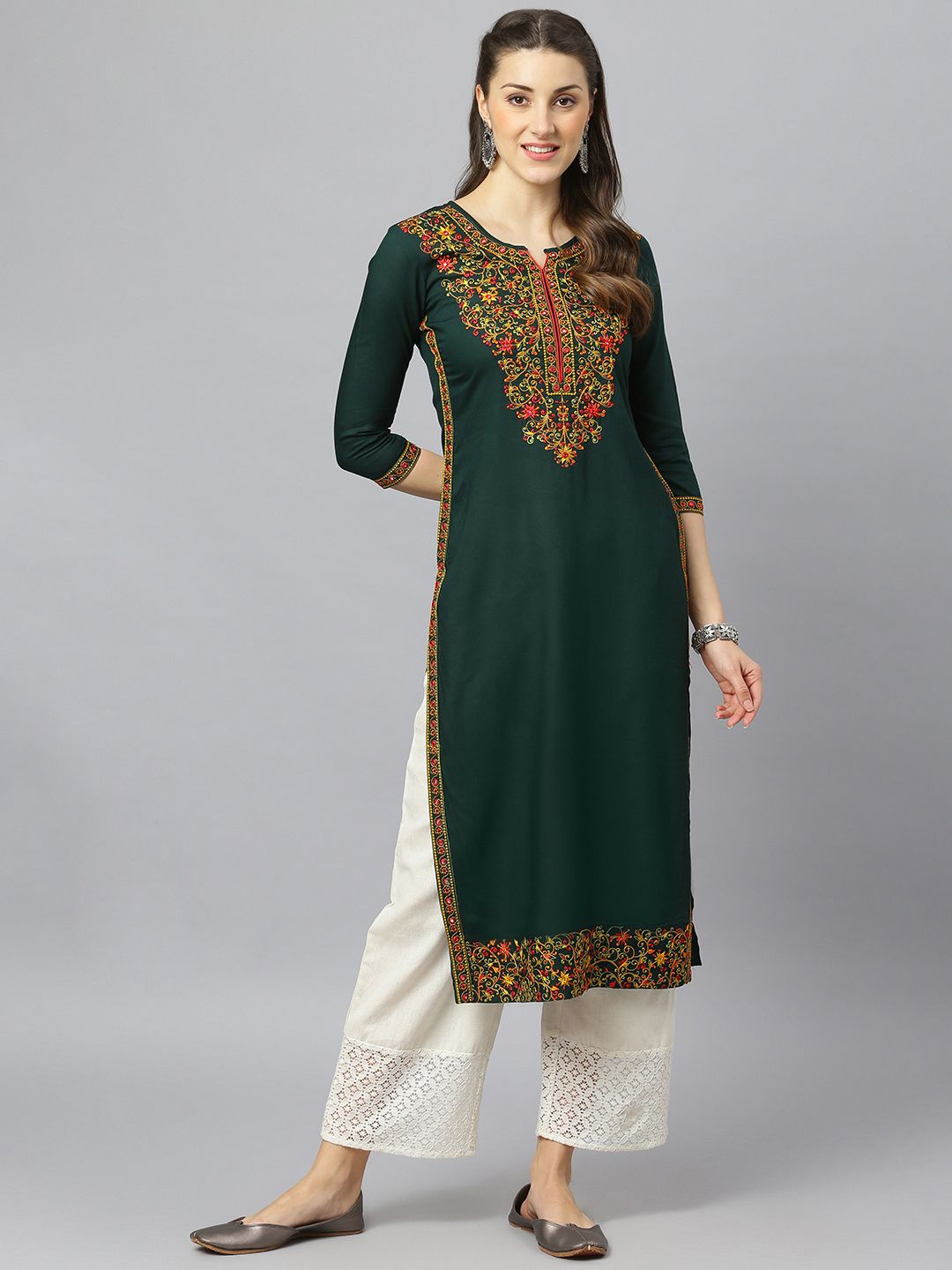 FASHION DEPTH Women Green & Yellow Floral Yoke Design Thread Work Straight Kurta Price in India