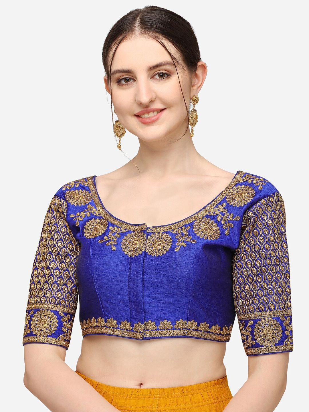 Mesmore Blue & Gold-Coloured Embroidered Silk Saree Blouse Price in India