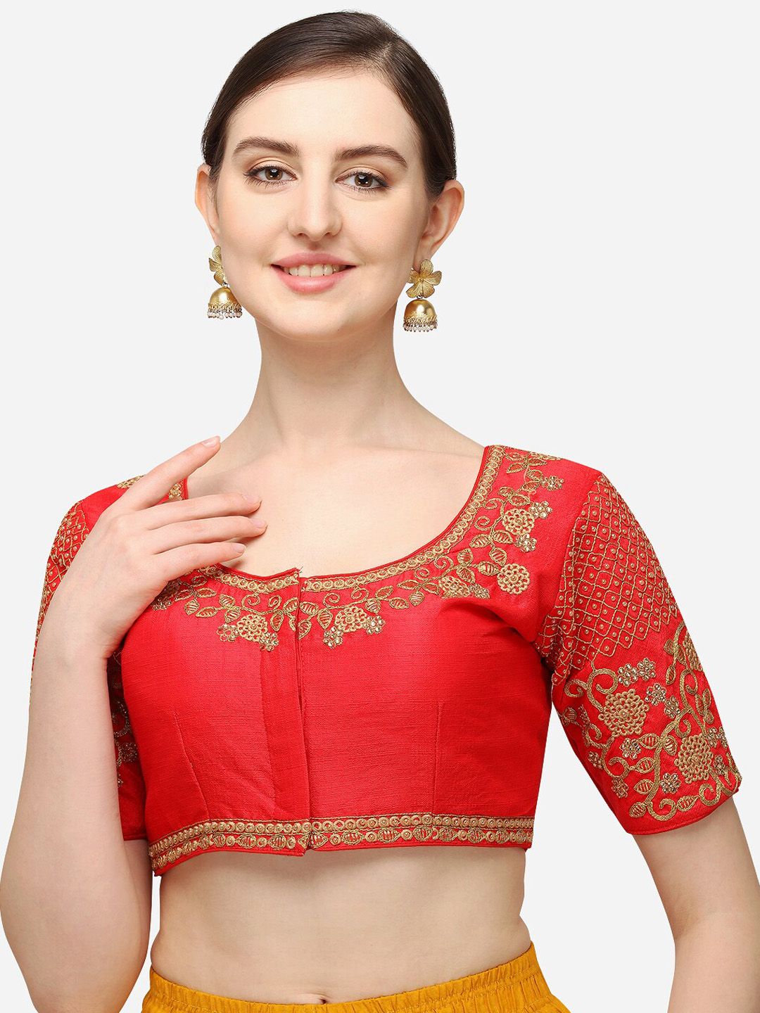 Mesmore Women Red & Gold-Coloured Embroidered Silk Saree Blouse Price in India