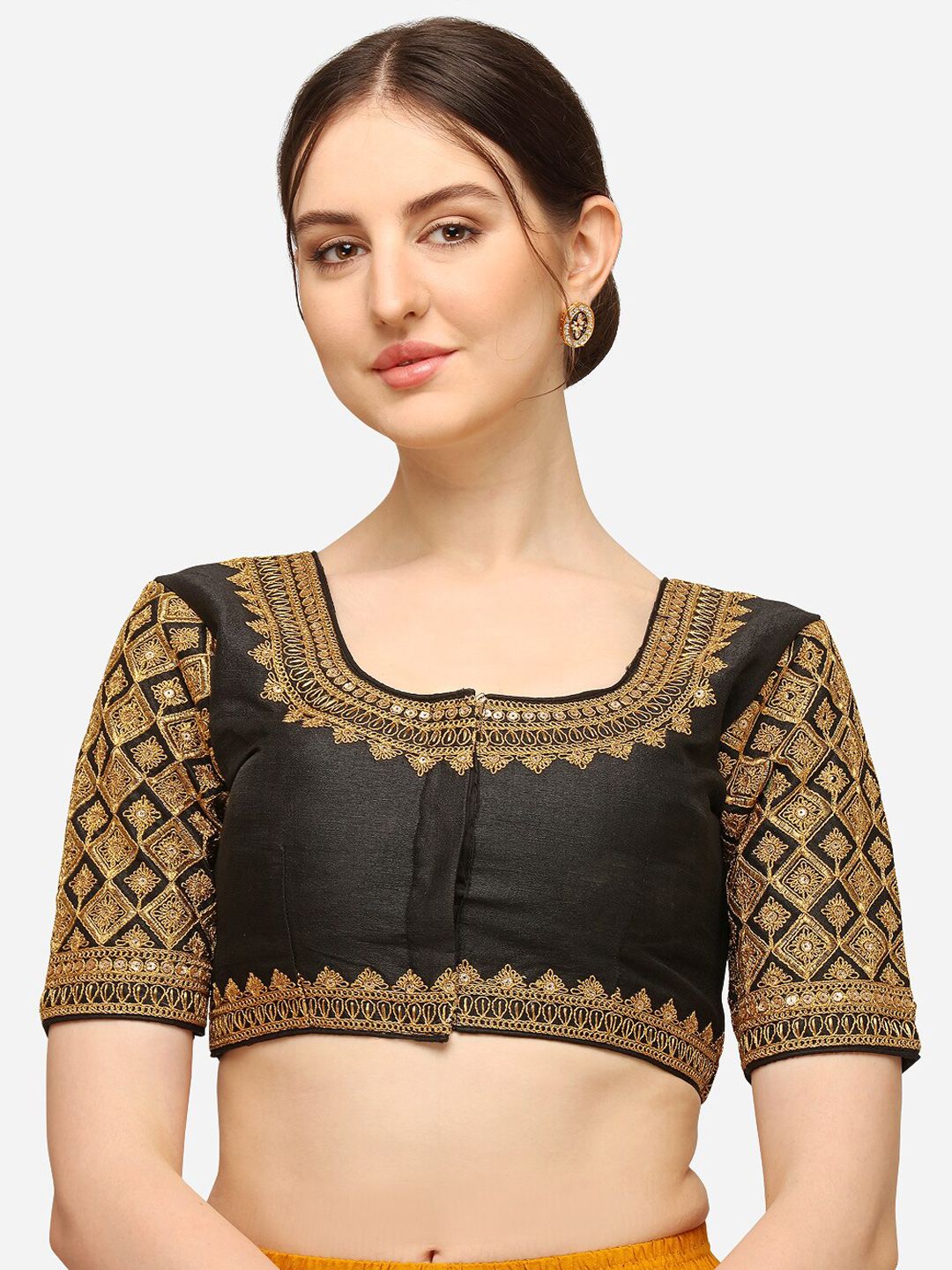 Mesmore Black & Gold-Toned Embroidered Silk Saree Blouse Price in India