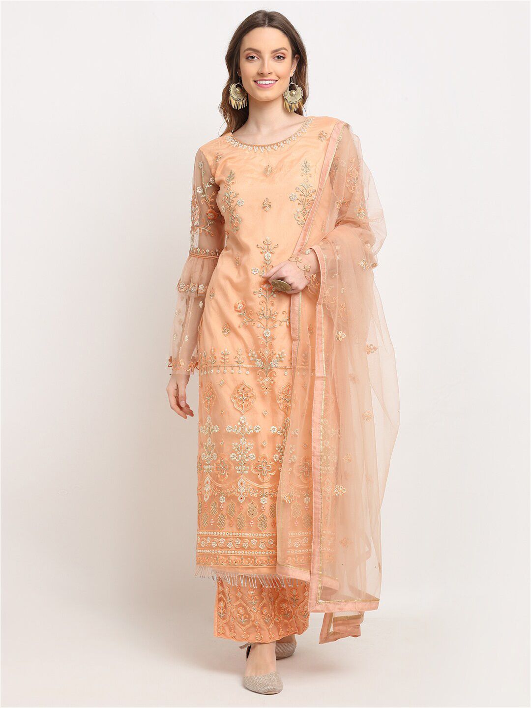 Stylee LIFESTYLE Peach-Coloured & Gold-Toned Embellished Unstitched Dress Material Price in India