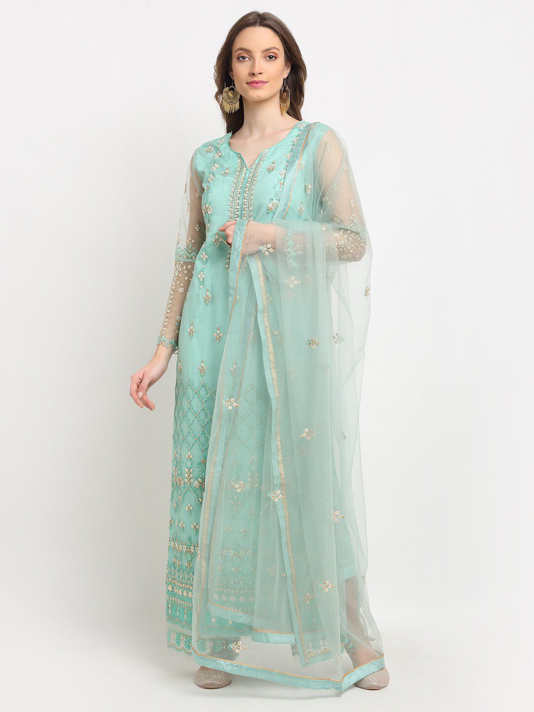 Stylee LIFESTYLE Sea Green & White Embellished Unstitched Dress Material Price in India