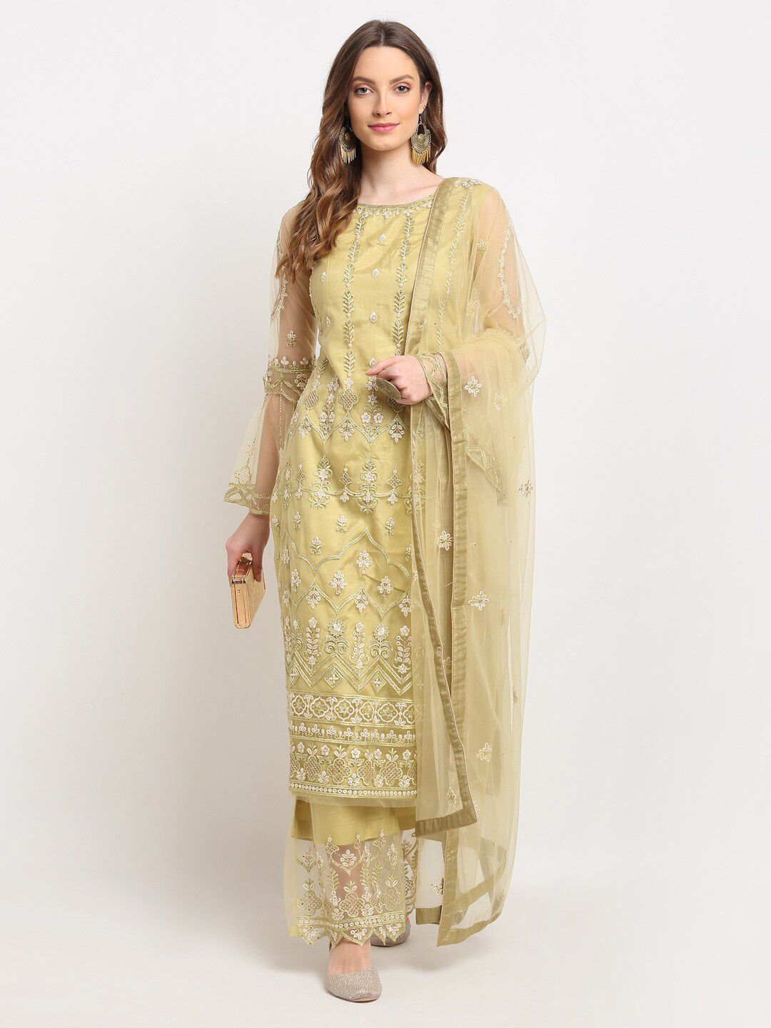 Stylee LIFESTYLE Olive Green Embroidered Unstitched Dress Material Price in India