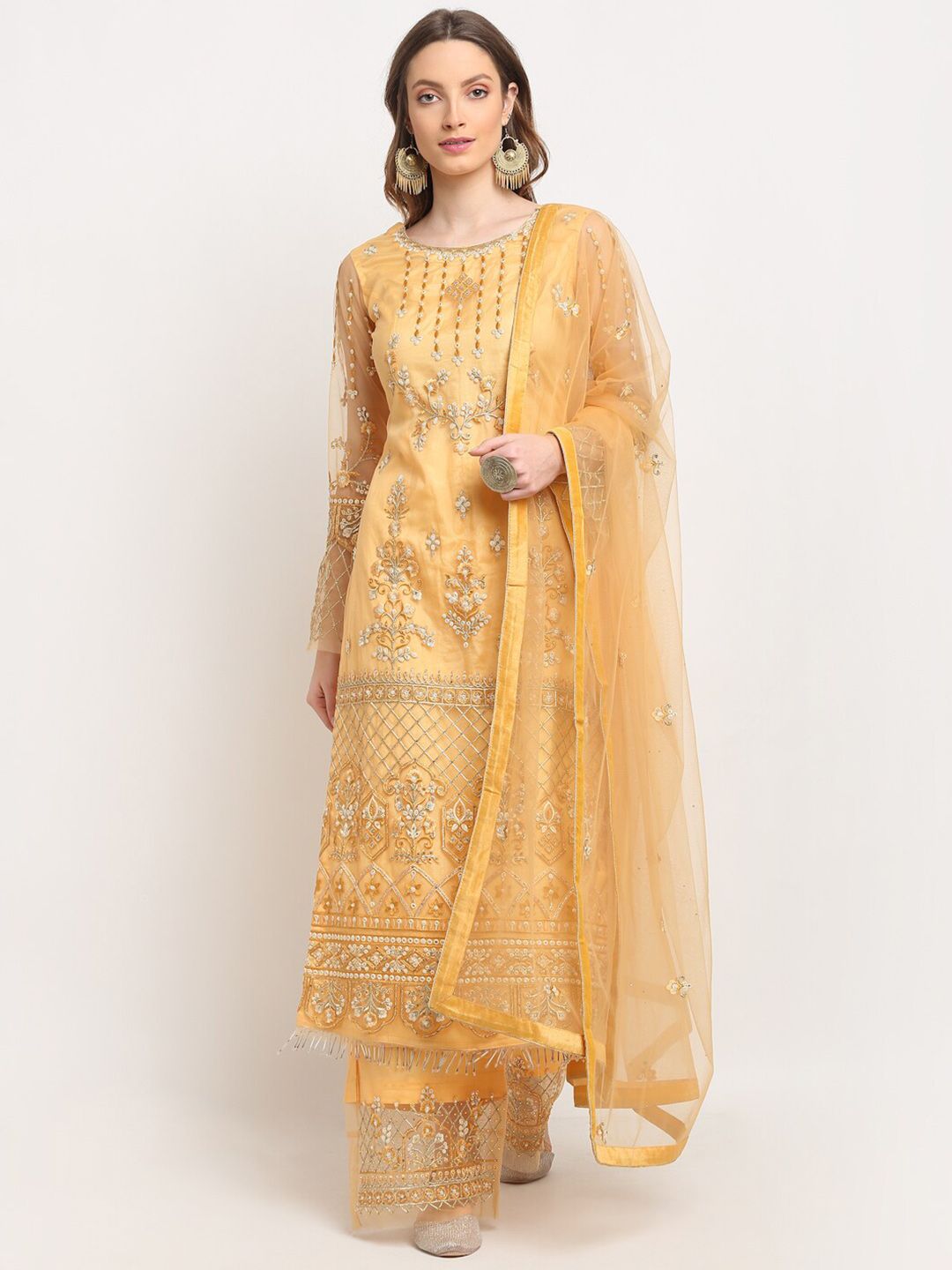Stylee LIFESTYLE Yellow & Gold-Toned Embellished Unstitched Dress Material Price in India
