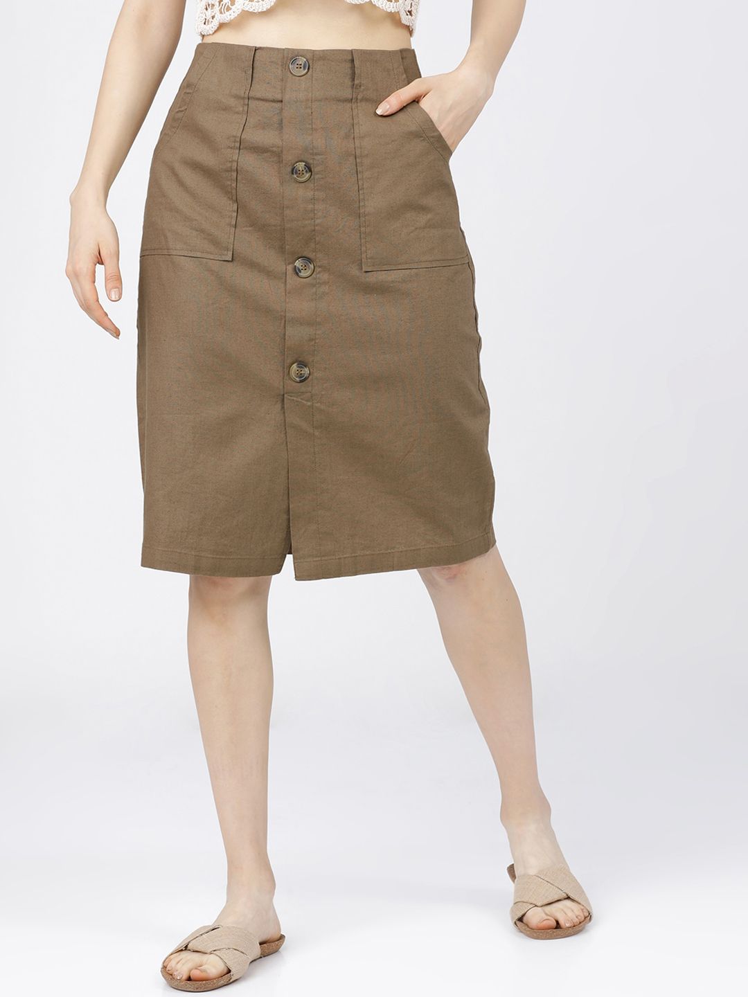 Tokyo Talkies Brown Casual-Fit Straight Midi Skirt Price in India
