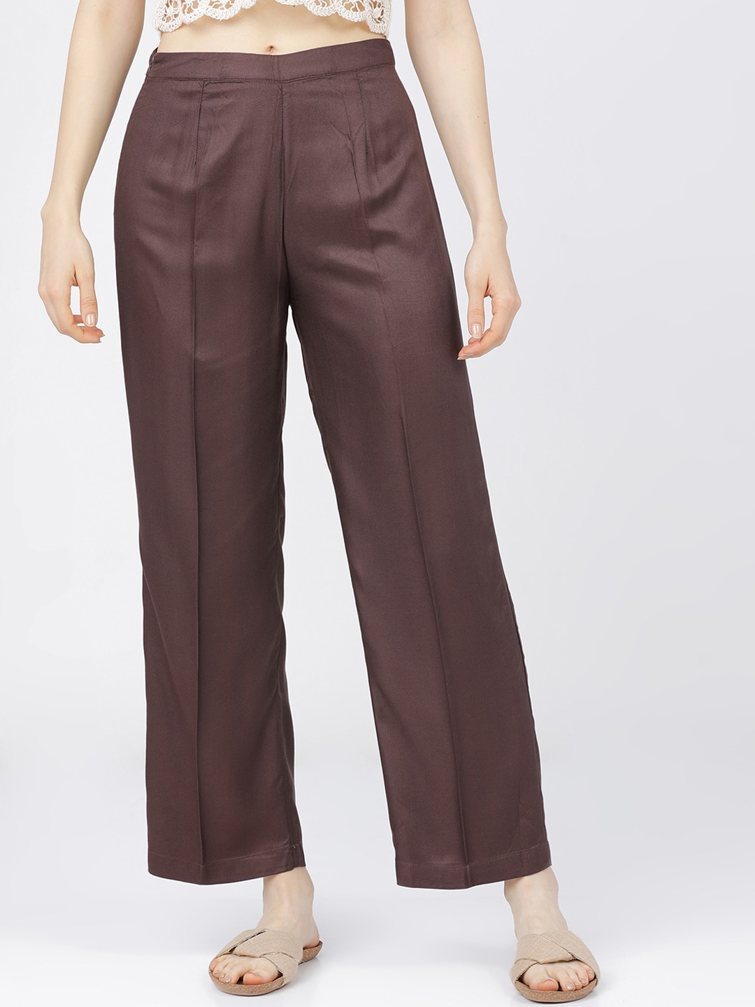 Tokyo Talkies Women Brown High-Rise Parallel Trousers Price in India