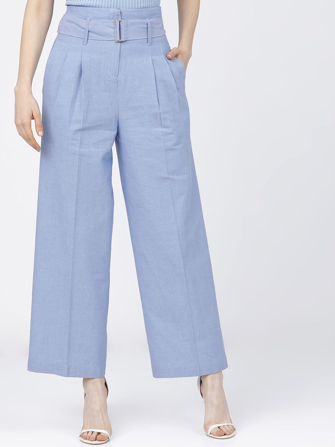 Tokyo Talkies Women Blue Flared High-Rise Pleated Parallel Trousers Price in India