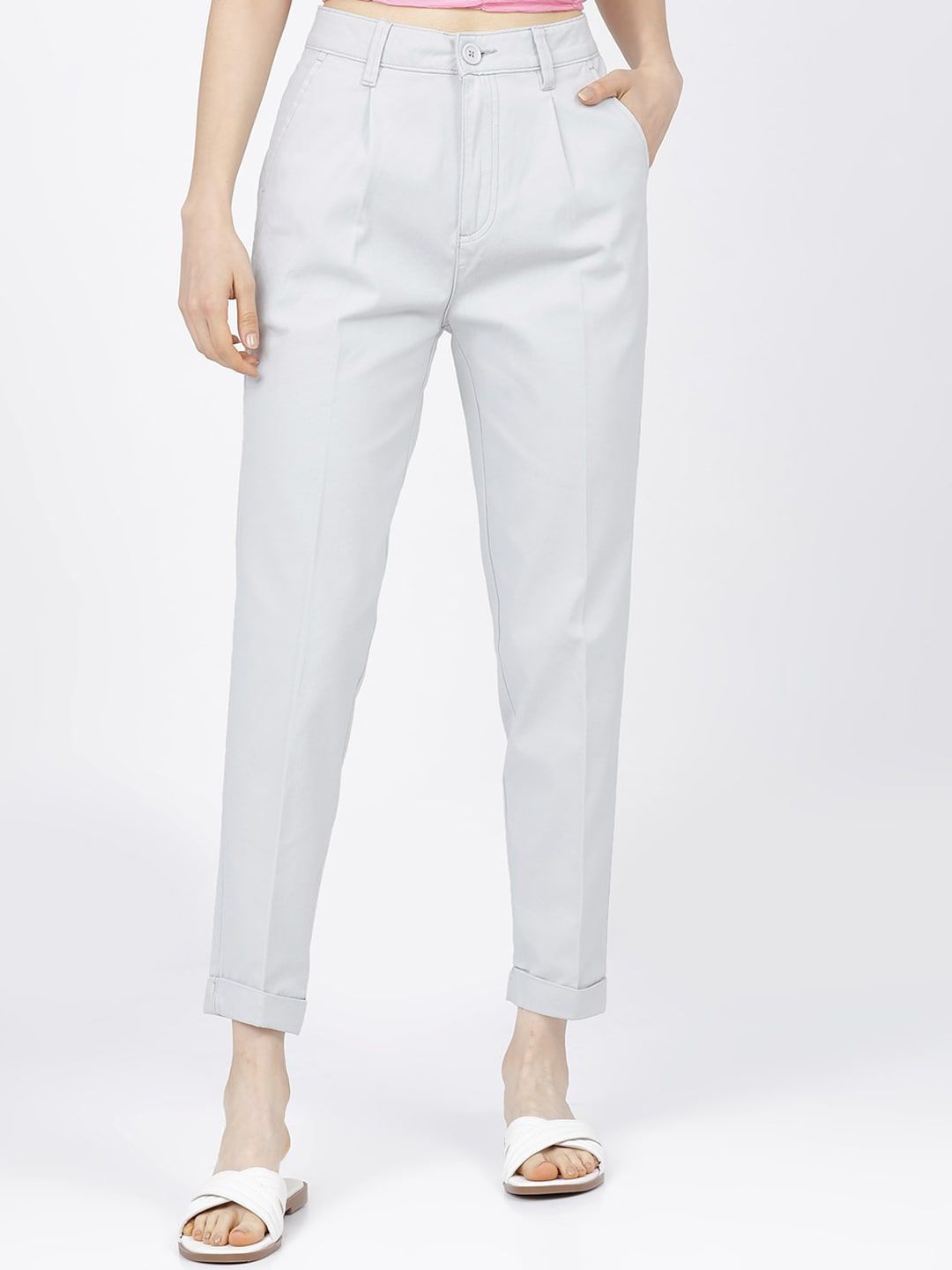 Tokyo Talkies Women Off-White & Blue Tapered Fit Pleated Trousers Price in India