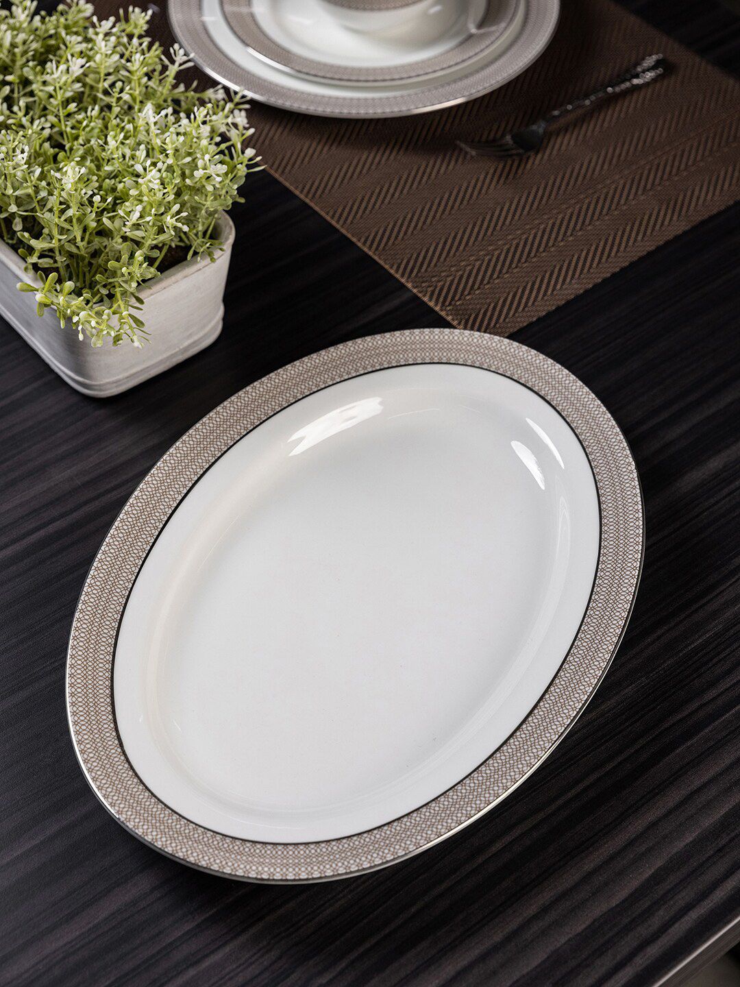 Pure Home and Living Grey & Silver Ceramic Metropolitan Oval Platter Price in India