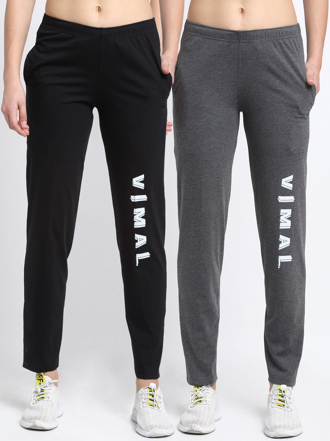 VIMAL JONNEY Women Pack of 2 Black & Grey Solid Track Pants Price in India