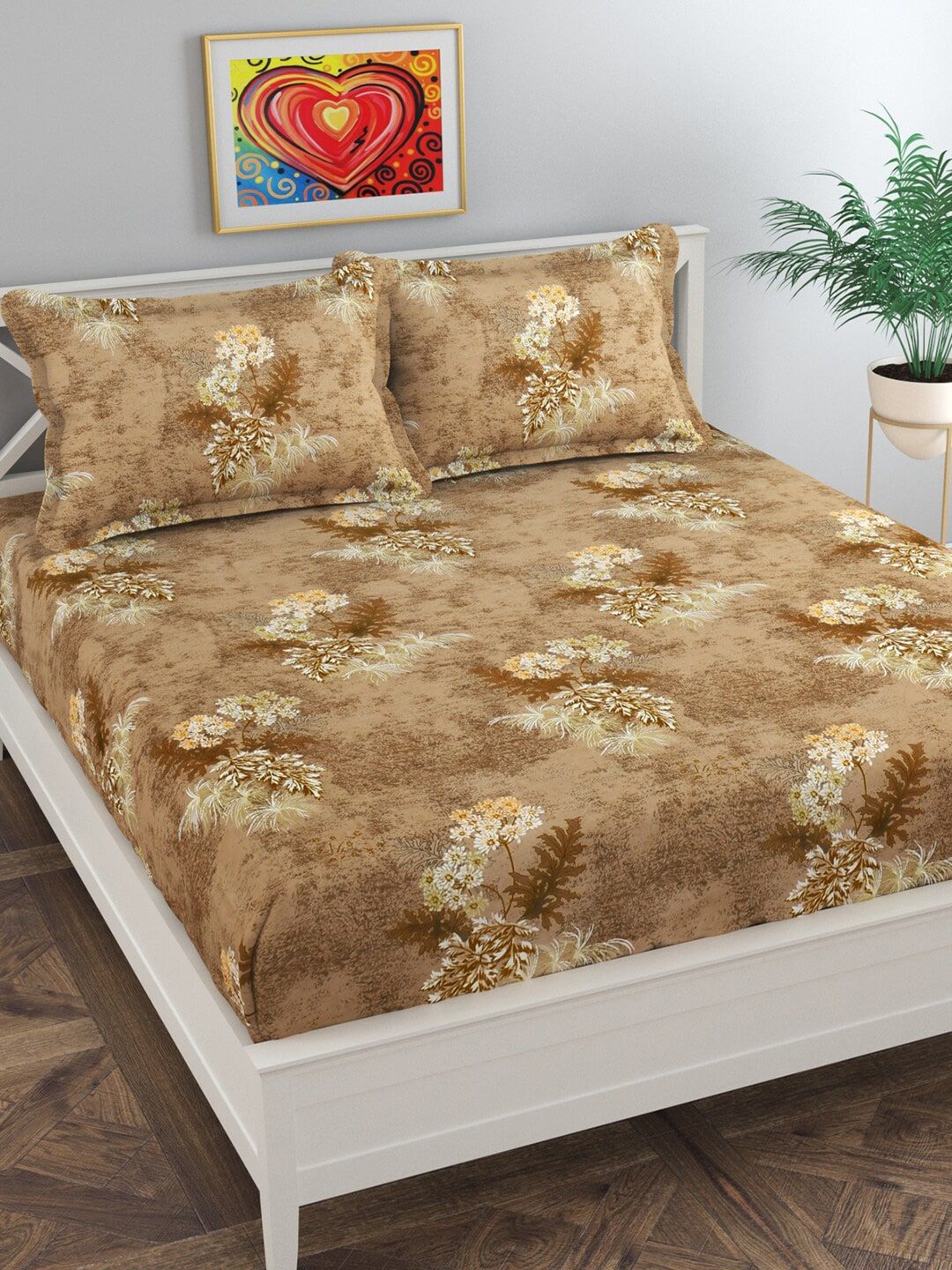 Florida Brown & Yellow Floral 144 TC King Bedsheet with 2 Pillow Covers Price in India