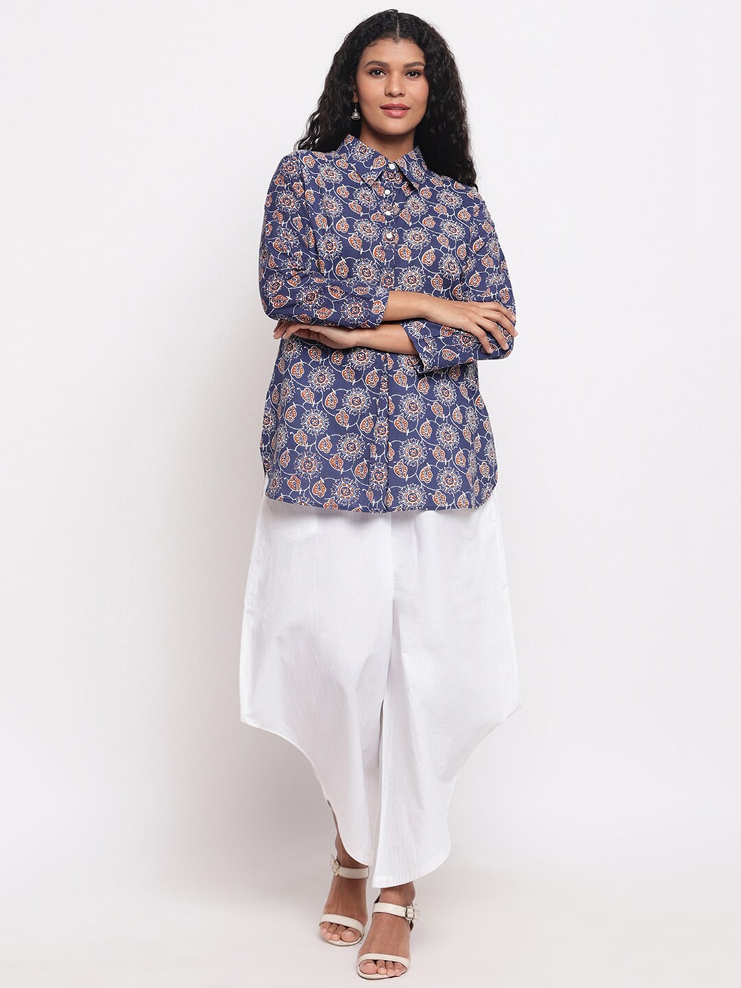FABNEST Women Navy Blue & White Pure Cotton Printed Tunic with Palazzos Price in India